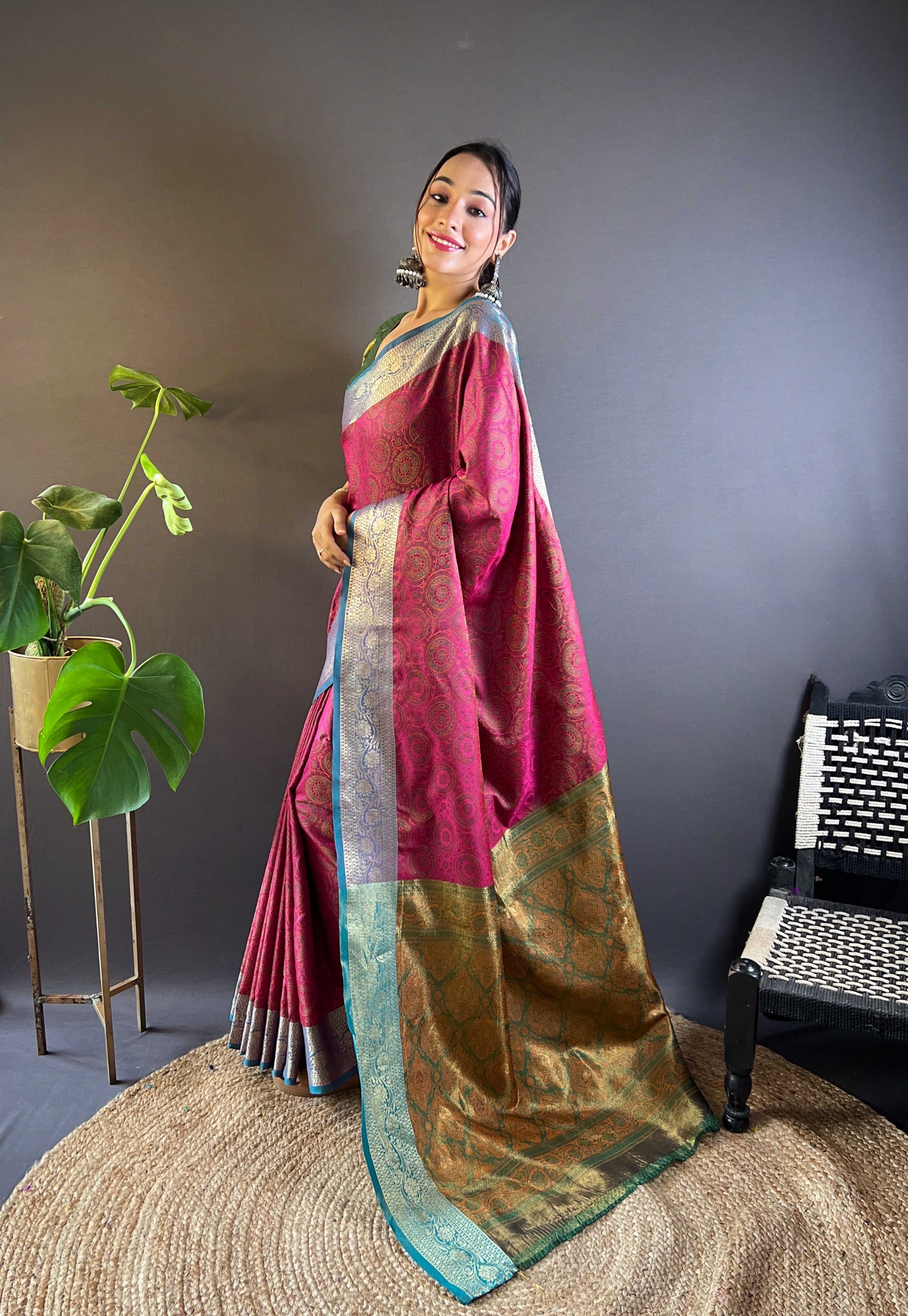 Wine Velvet Silk Sarees with kashmiri weaves