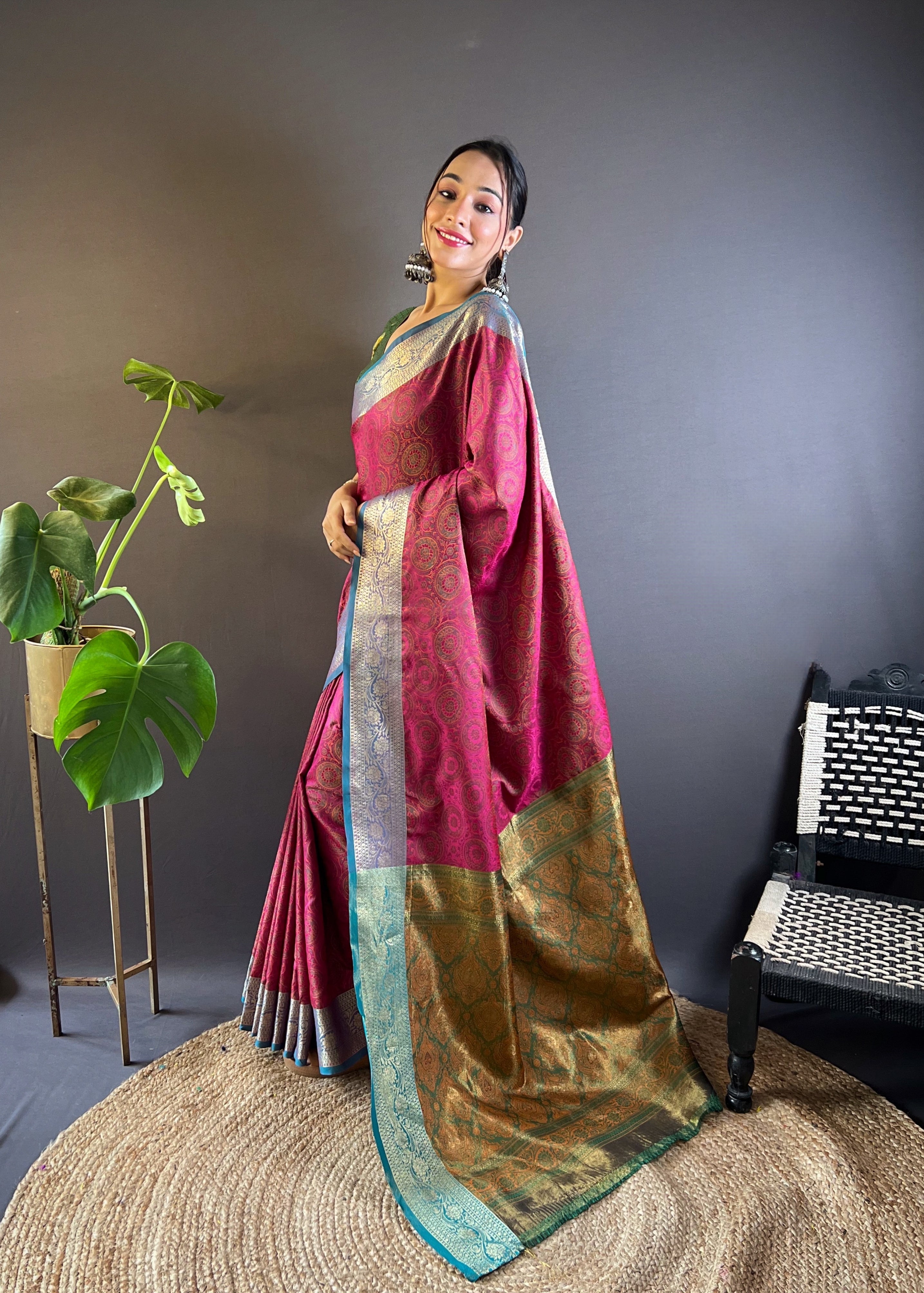 Wine Velvet Silk Sarees with kashmiri weaves