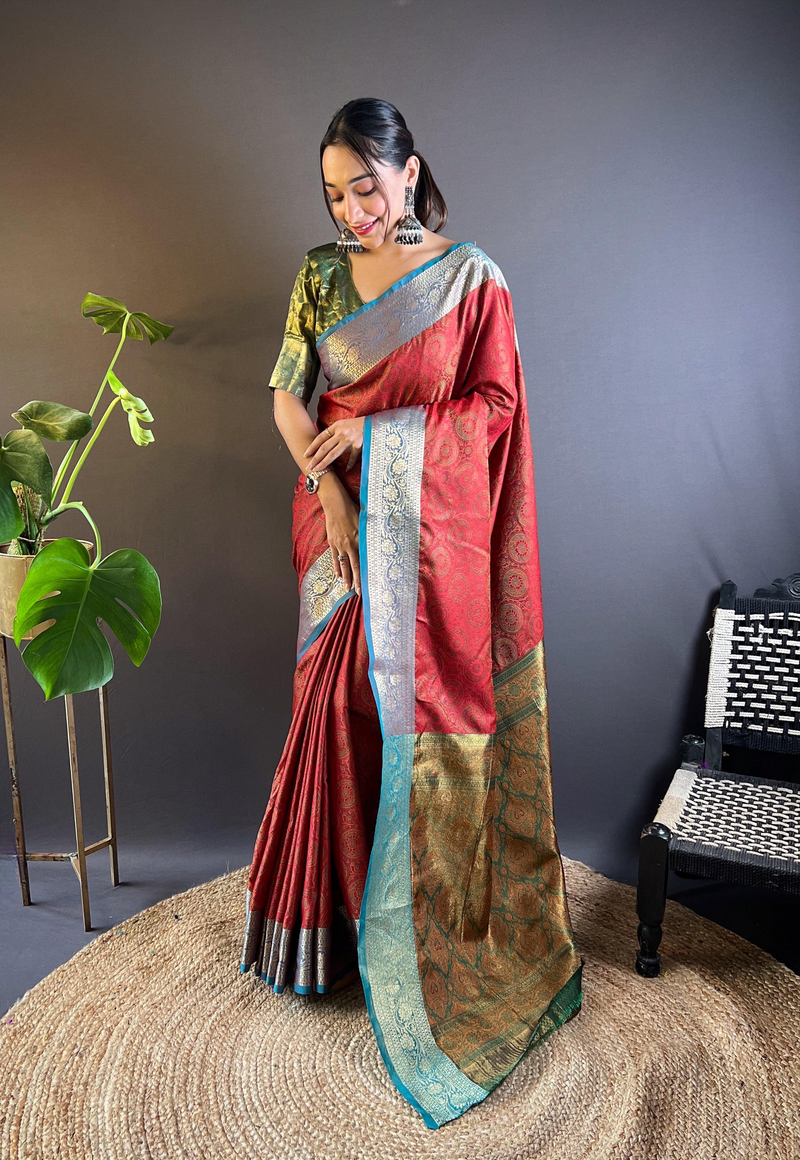Crimson Bloom Silk Sarees with kashmiri weaves