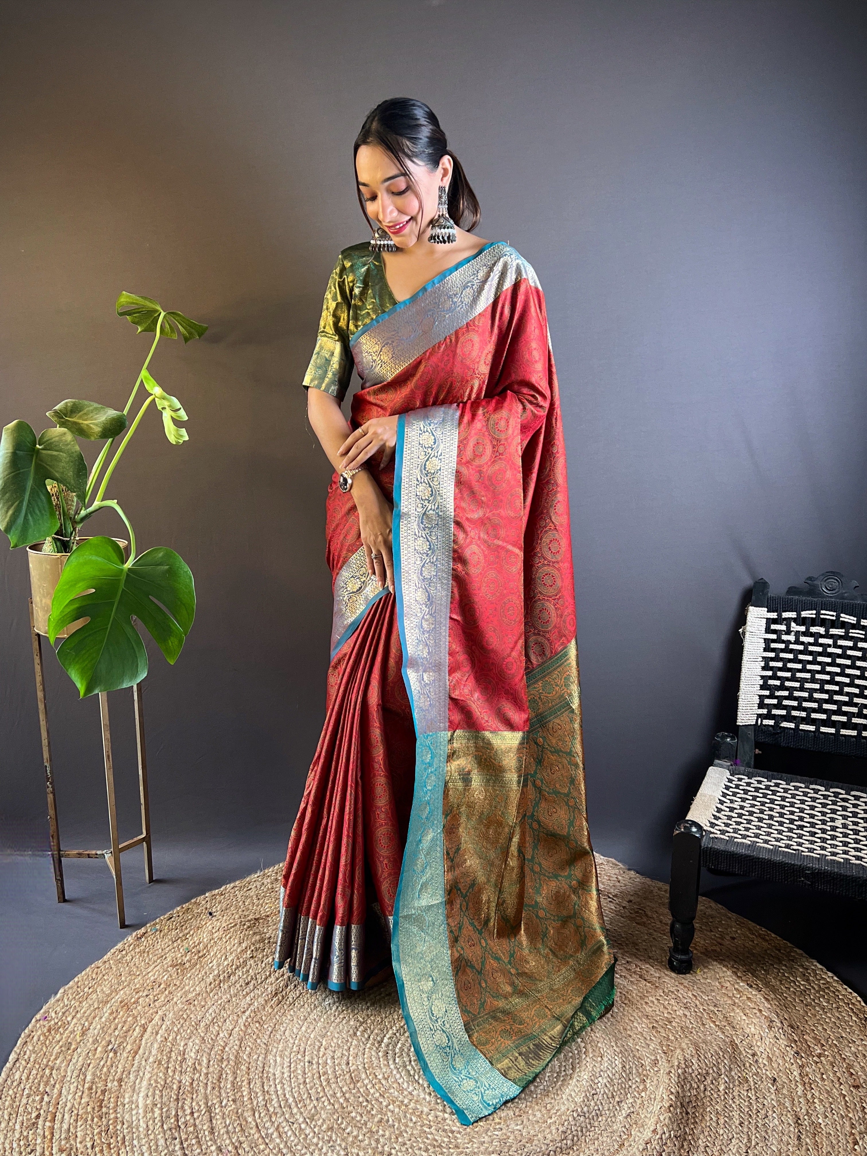 Crimson Bloom Silk Sarees with kashmiri weaves