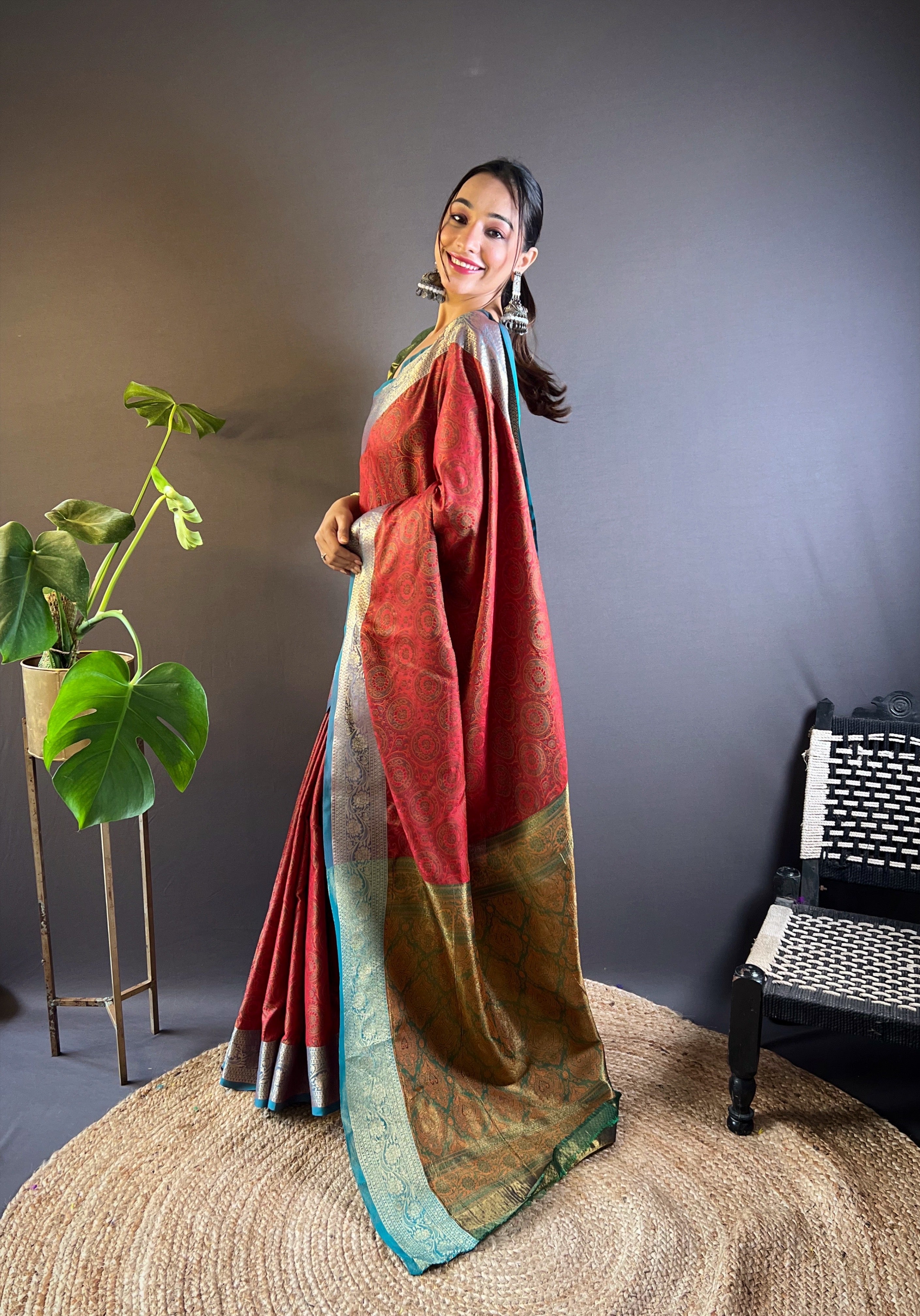 Crimson Bloom Silk Sarees with kashmiri weaves