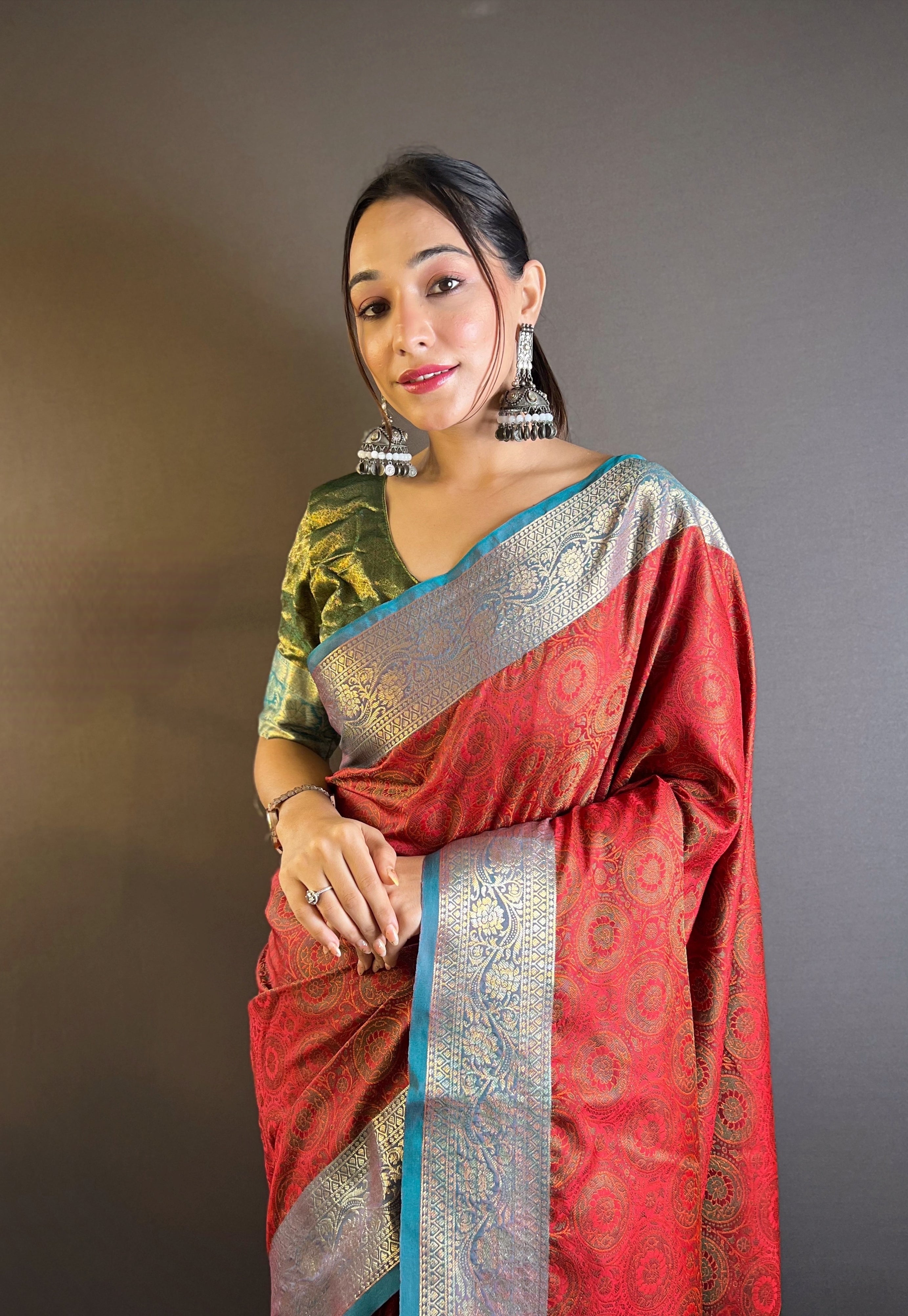 Crimson Bloom Silk Sarees with kashmiri weaves