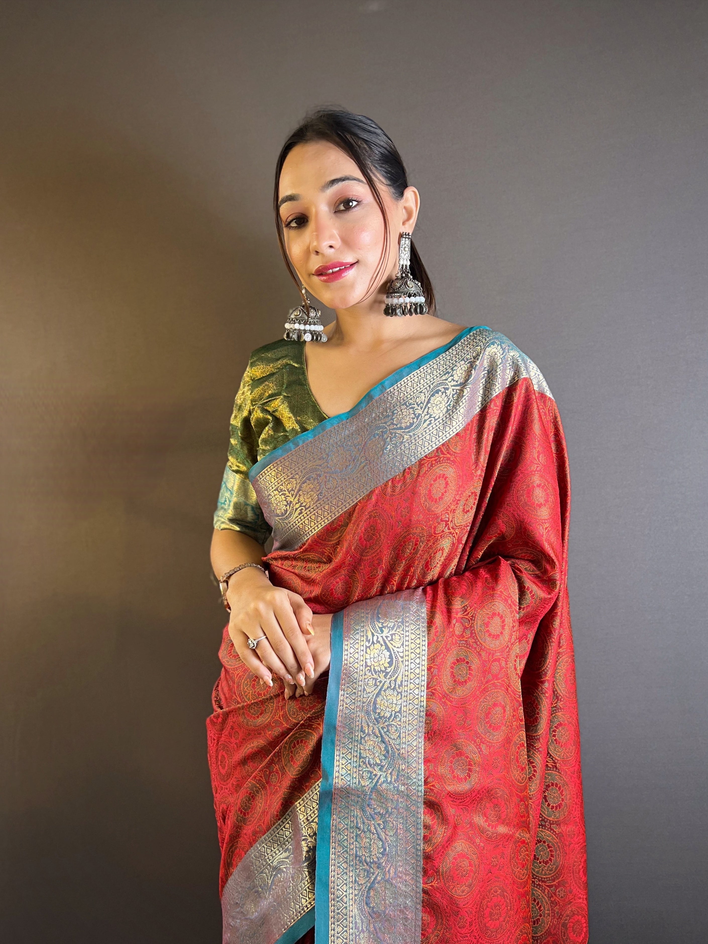 Crimson Bloom Silk Sarees with kashmiri weaves