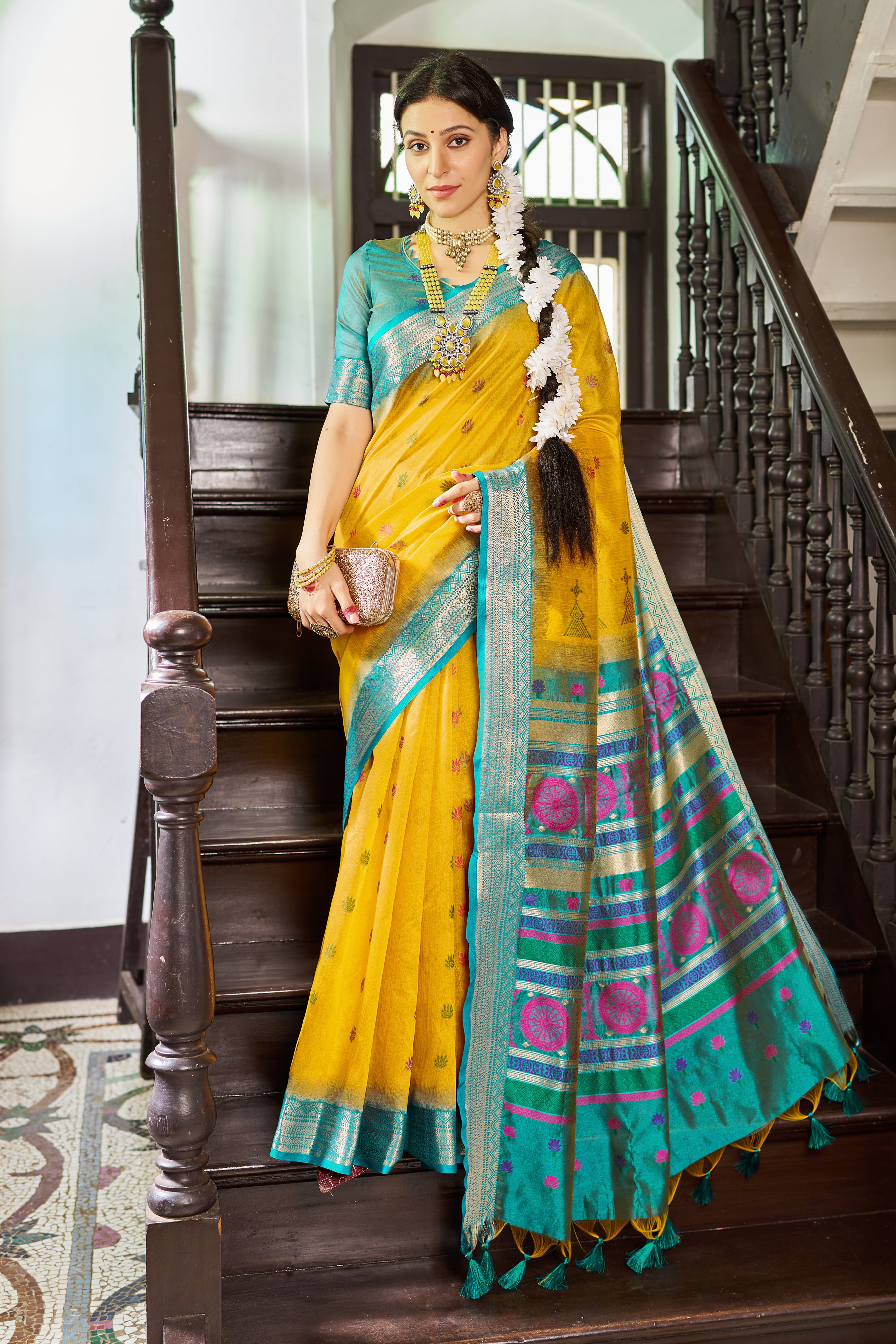 Golden Yellow Rama Raw Silk Saree