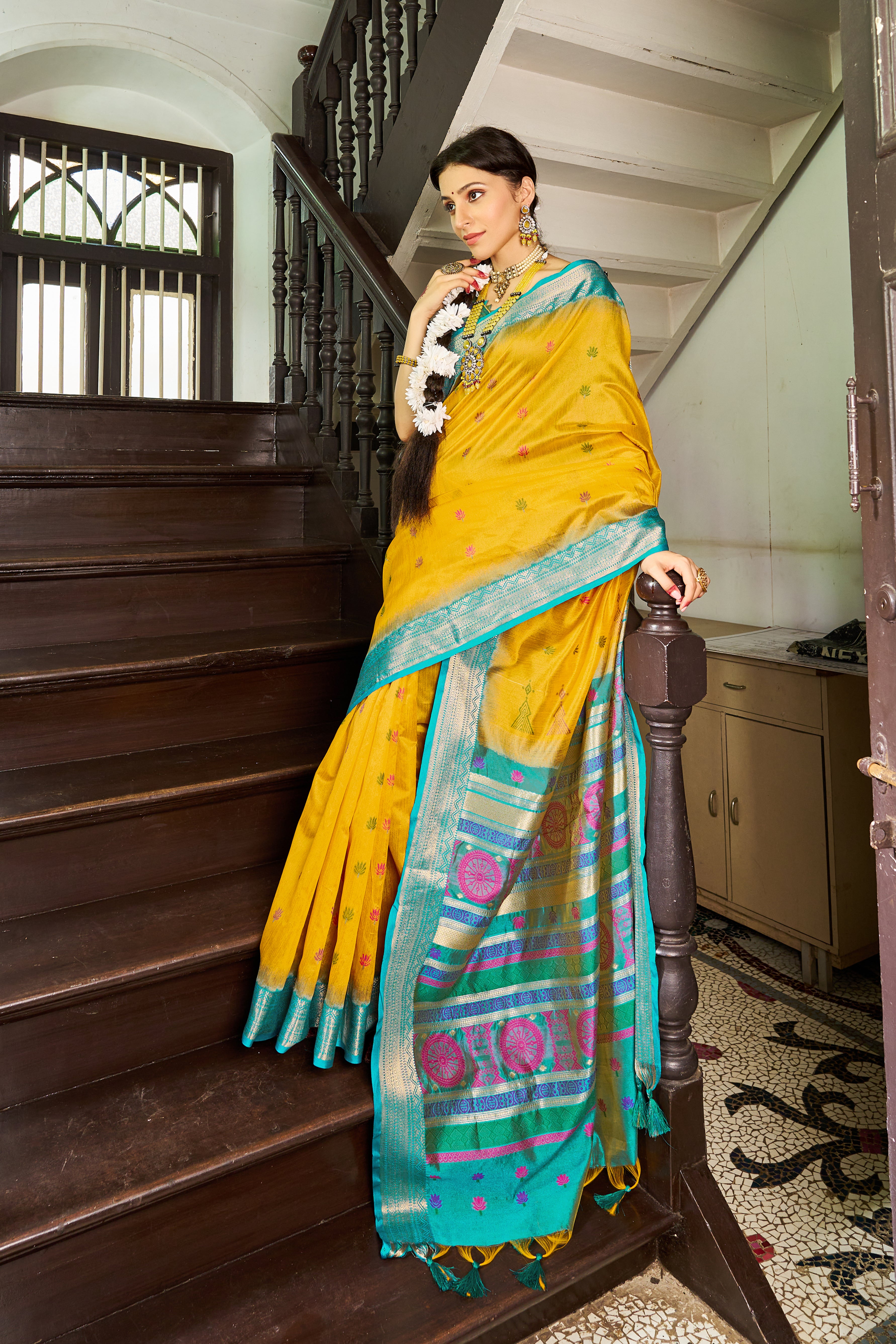 Golden Yellow Rama Raw Silk Saree