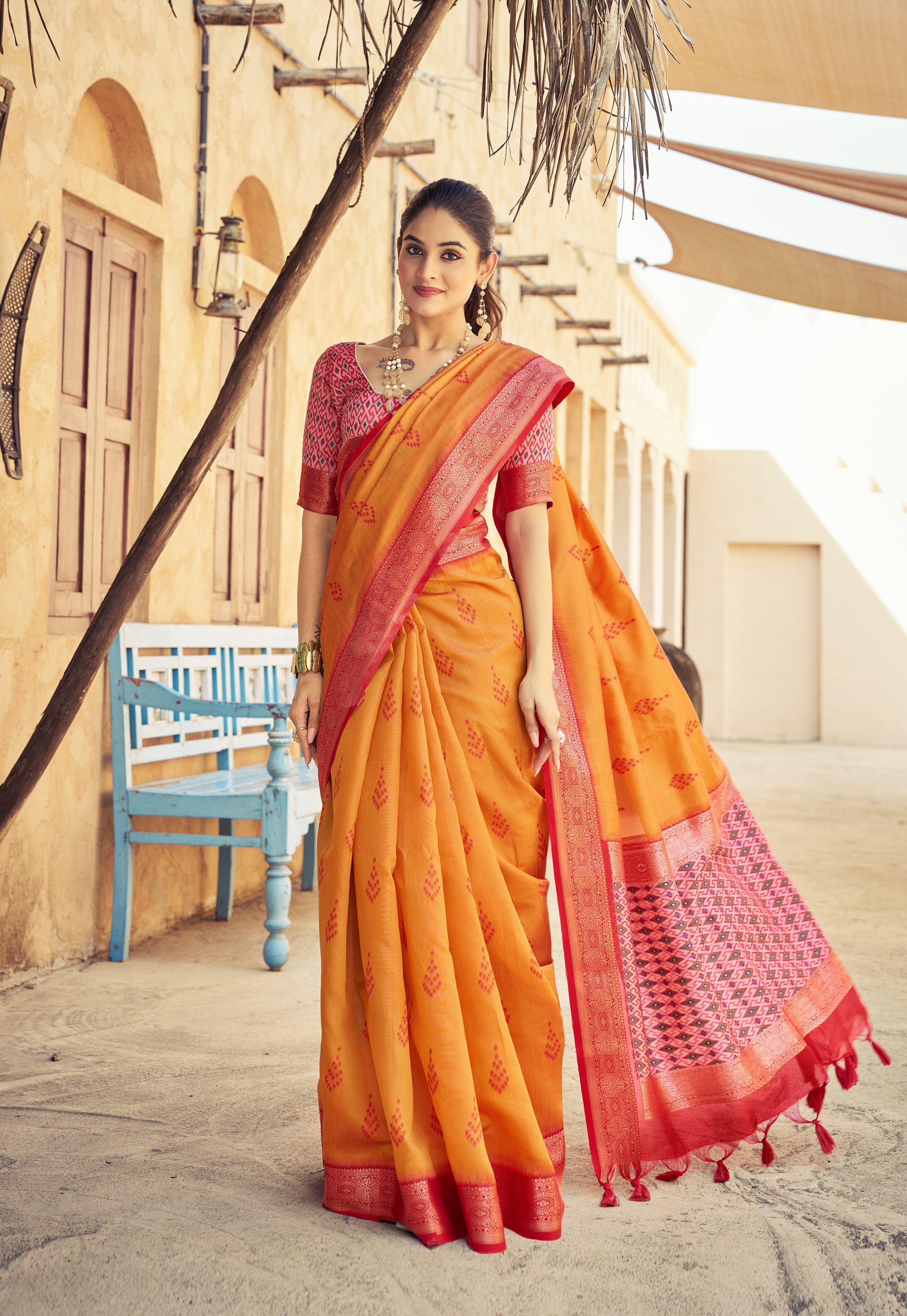 Fiery Orange Raw Silk Saree