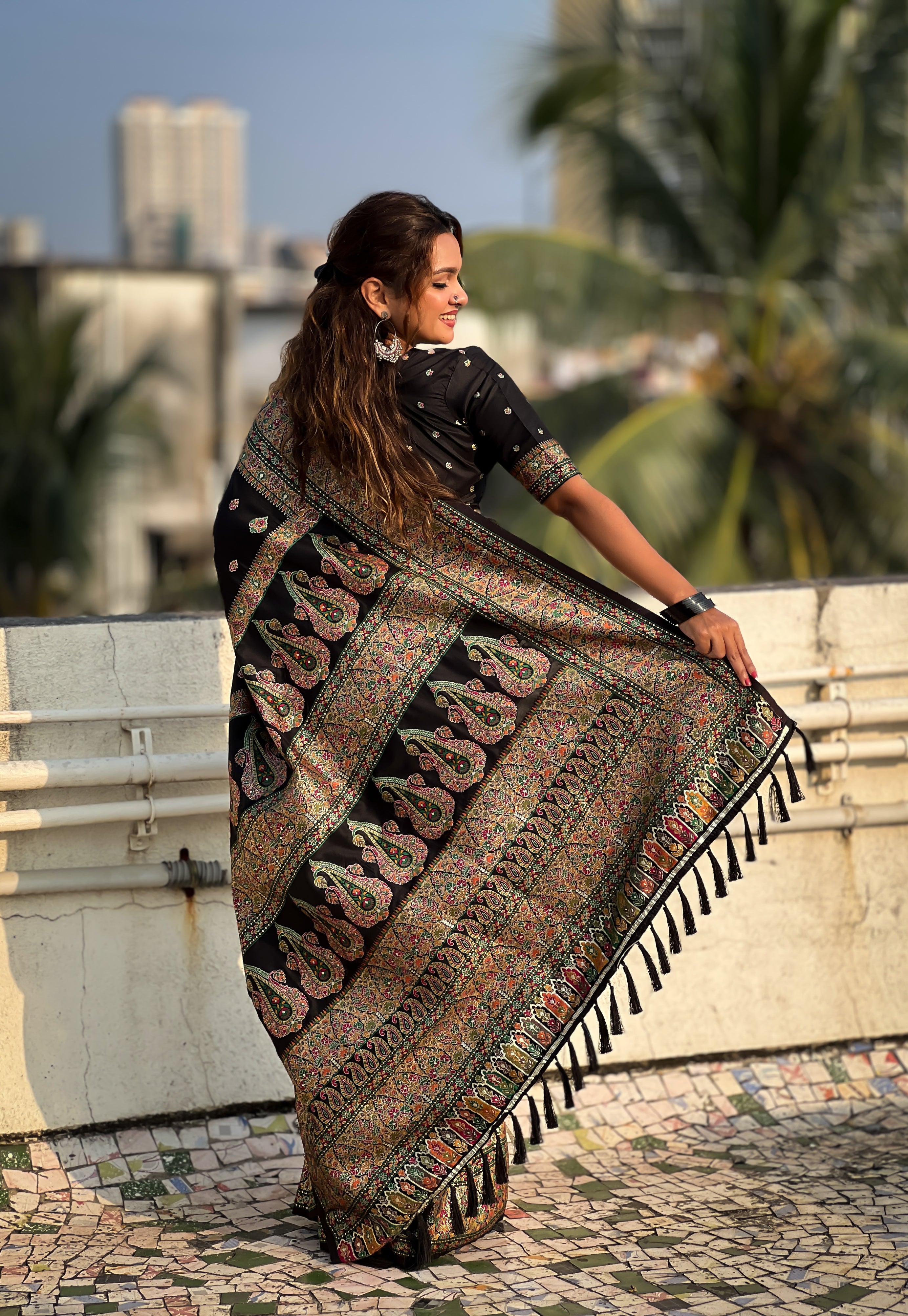 Midnight Black Pashmina Kashmiri Sarees