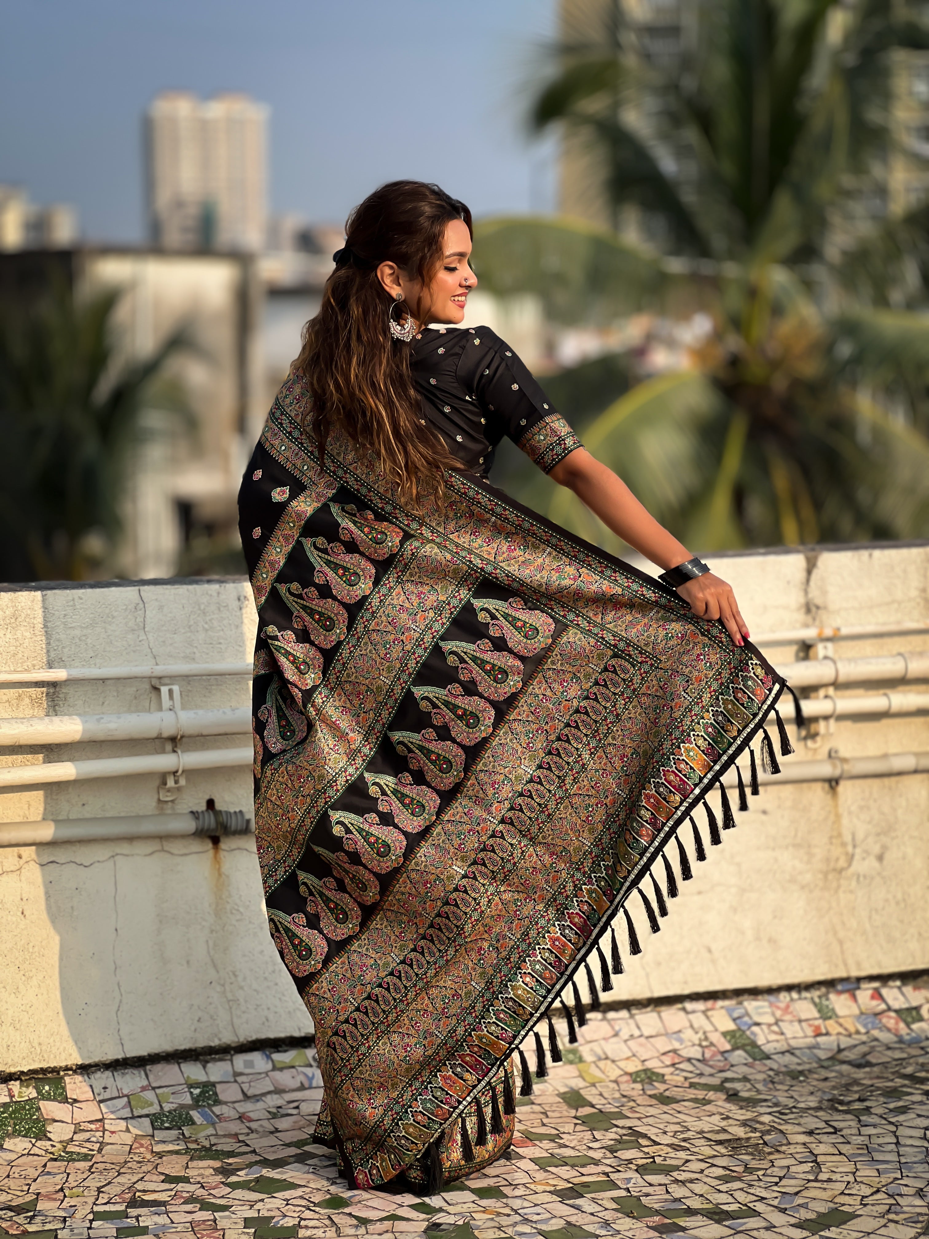Midnight Black Pashmina Kashmiri Sarees