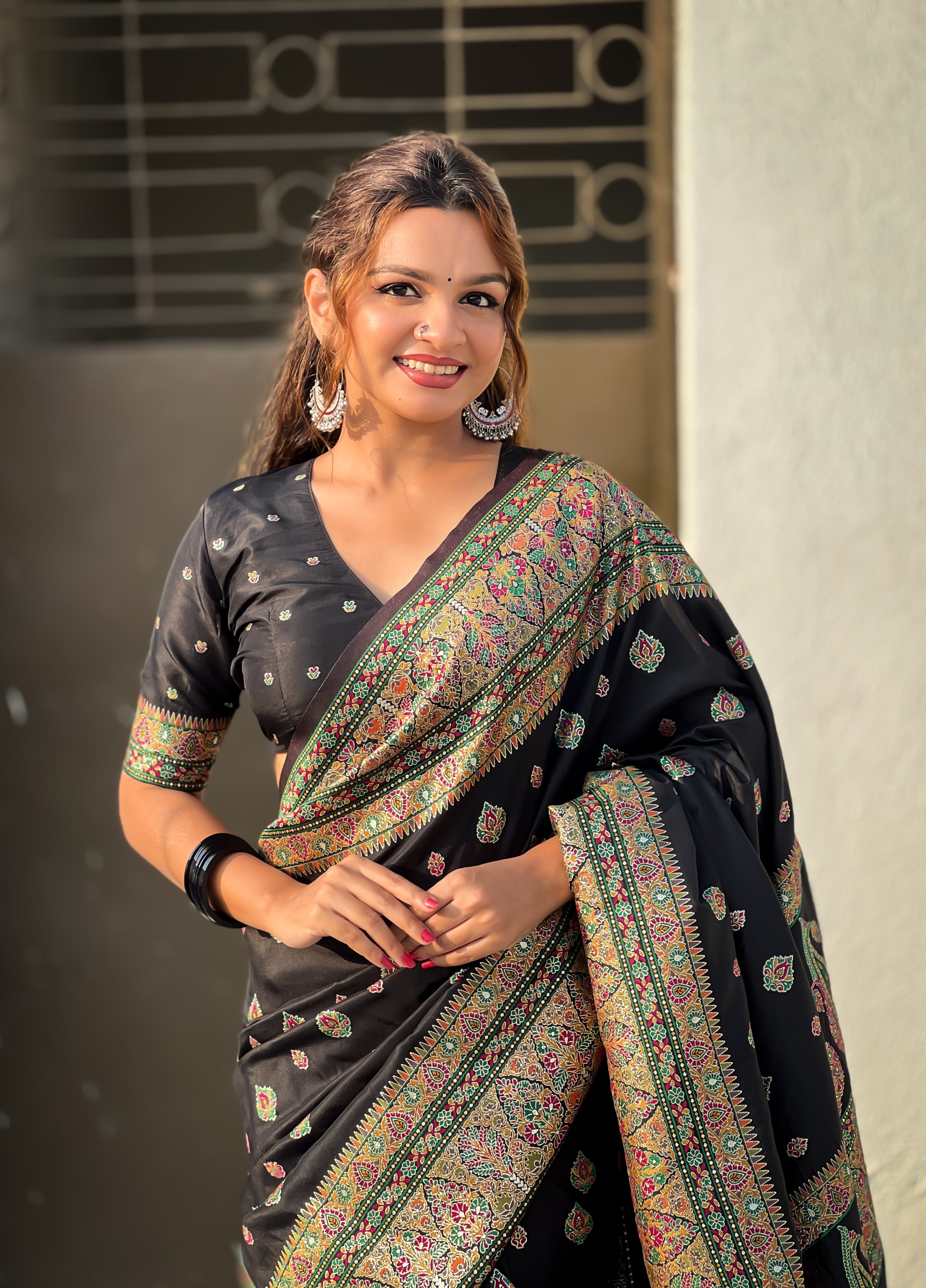 Midnight Black Pashmina Kashmiri Sarees