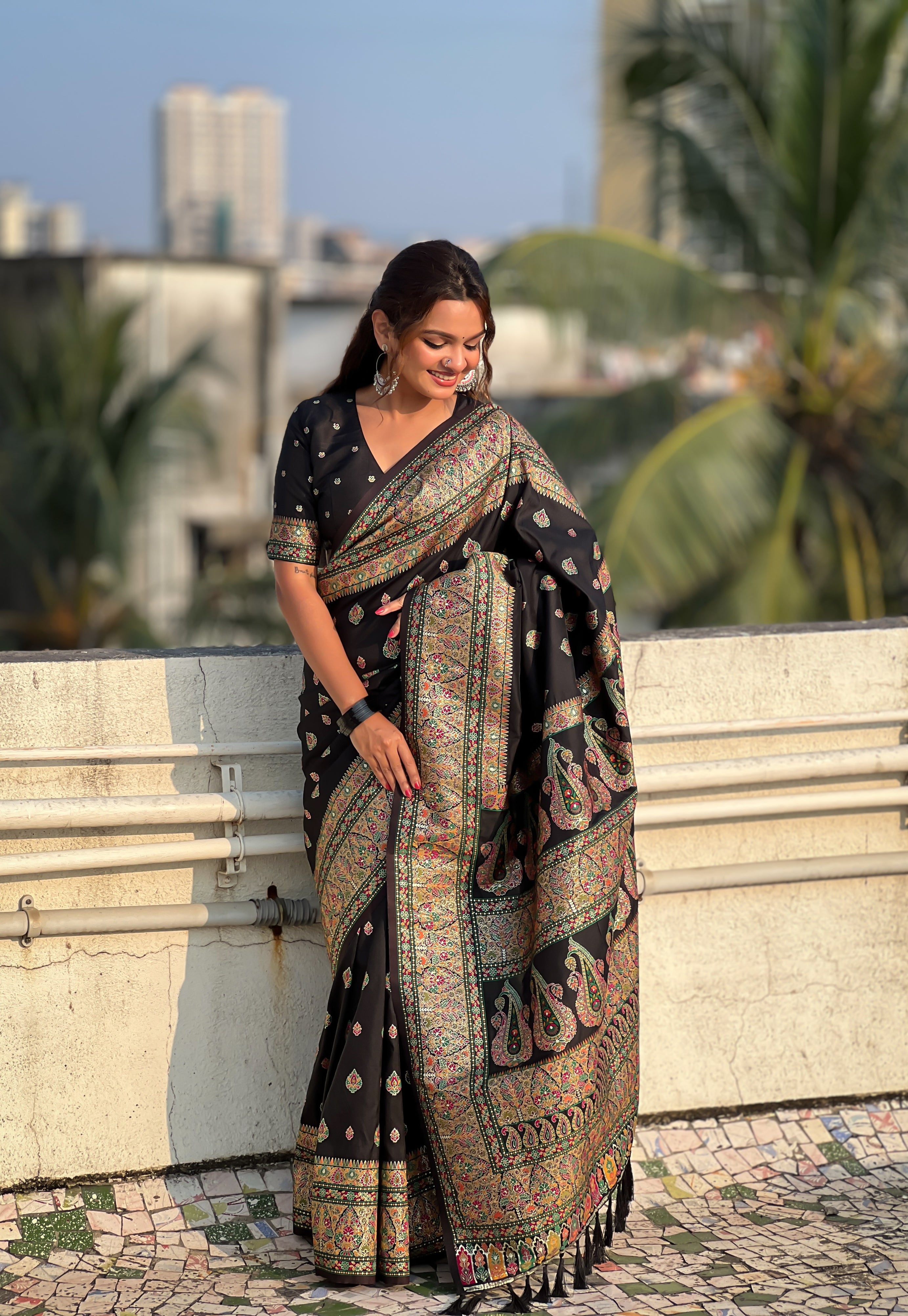 Midnight Black Pashmina Kashmiri Sarees