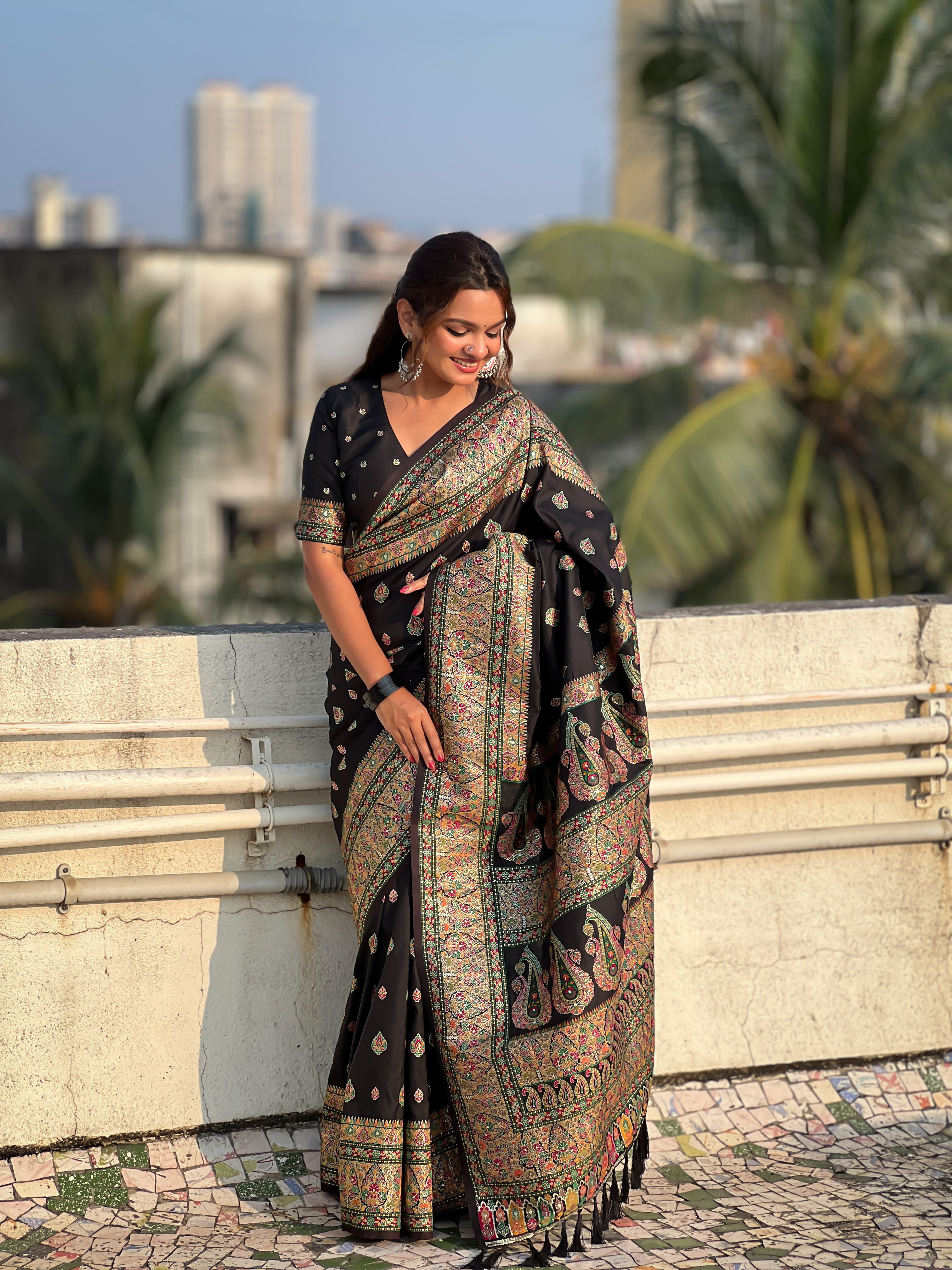 Midnight Black Pashmina Kashmiri Sarees