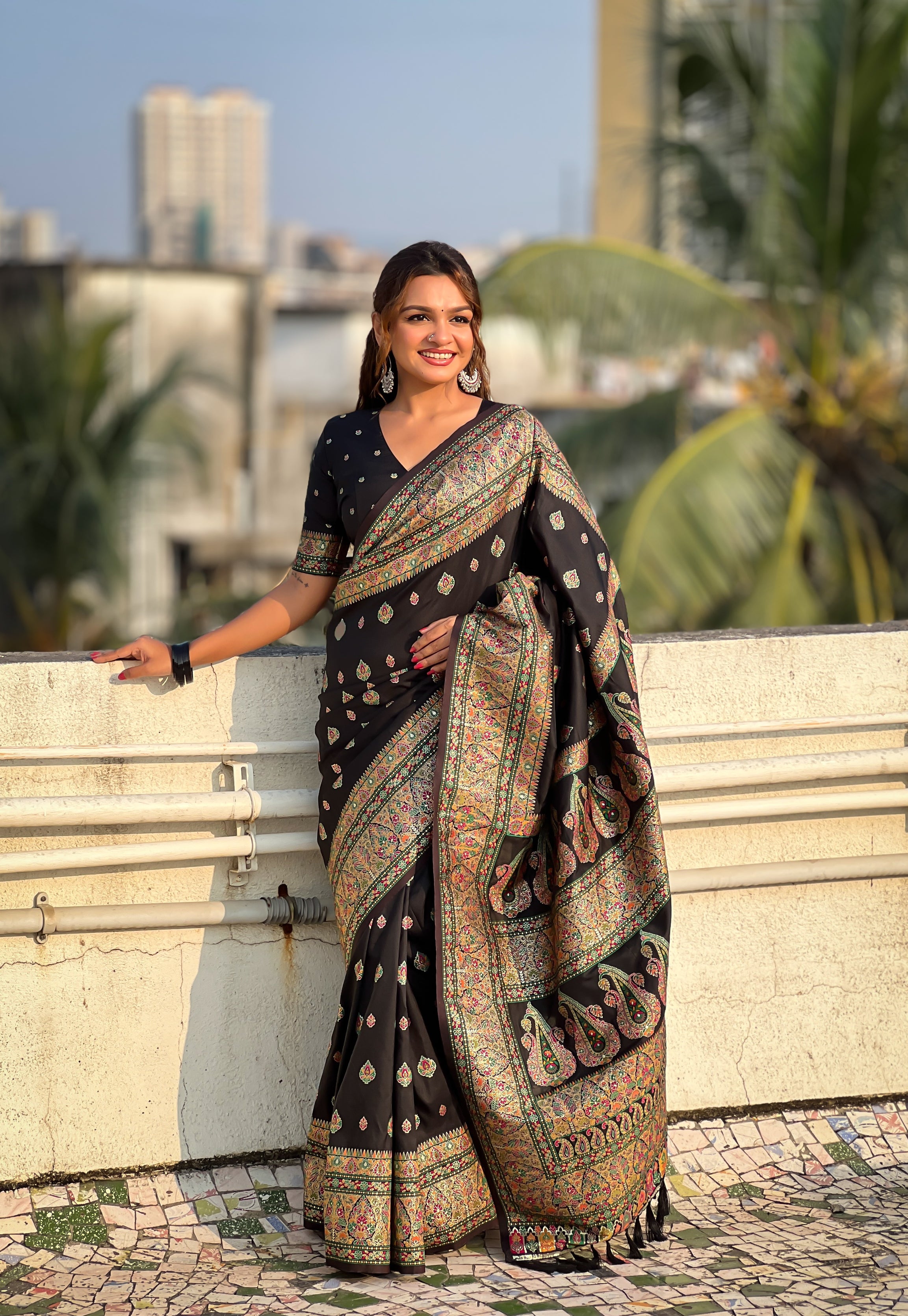 Midnight Black Pashmina Kashmiri Sarees