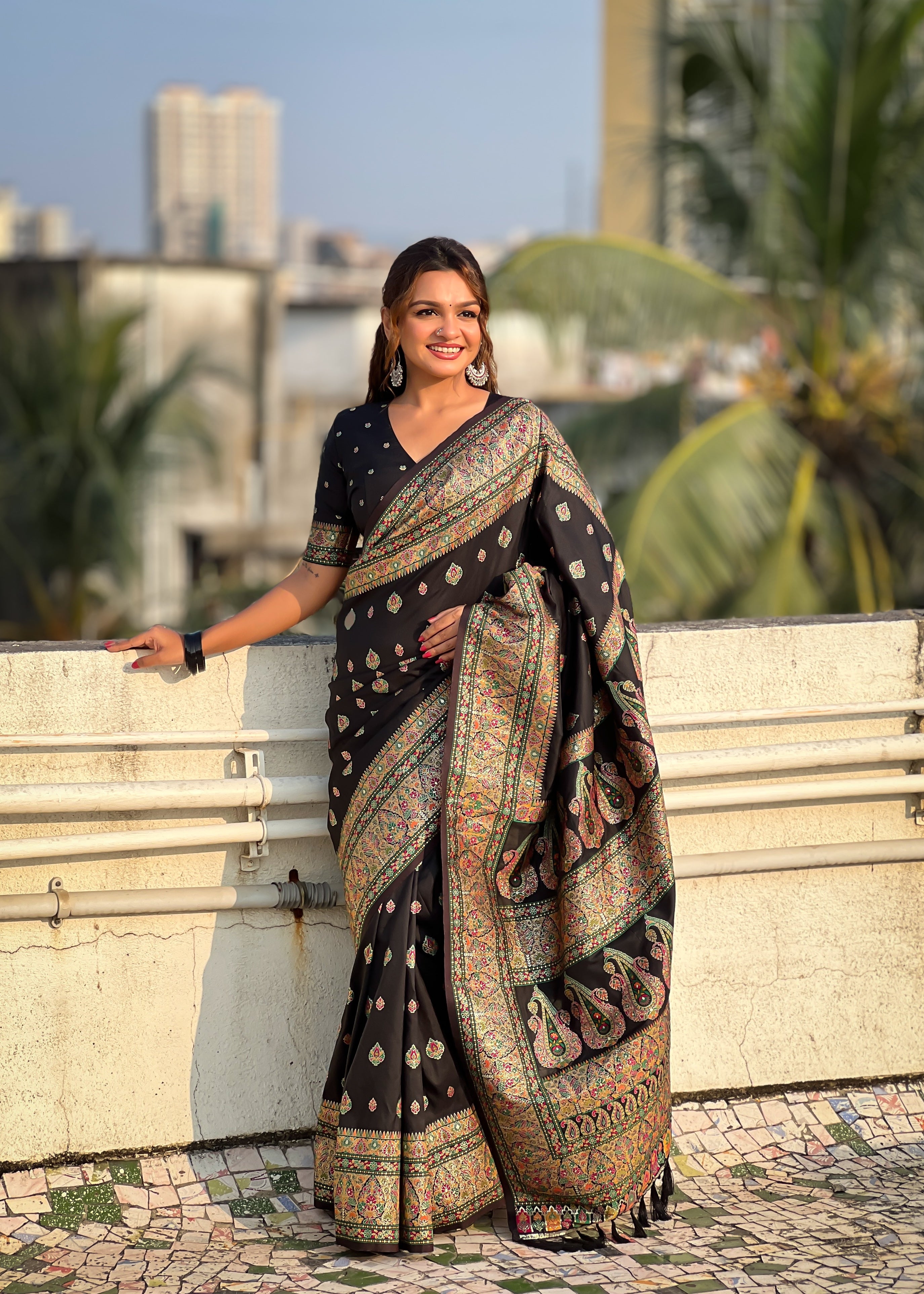 Midnight Black Pashmina Kashmiri Sarees