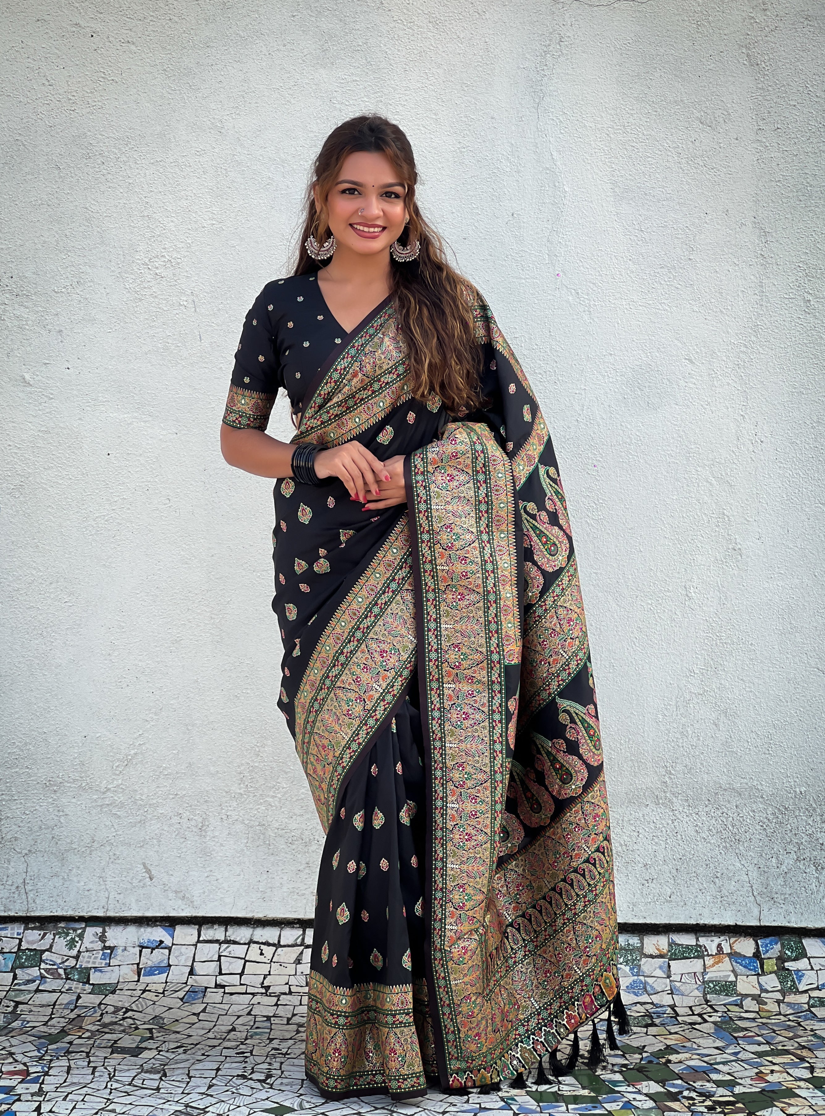 Midnight Black Pashmina Kashmiri Sarees