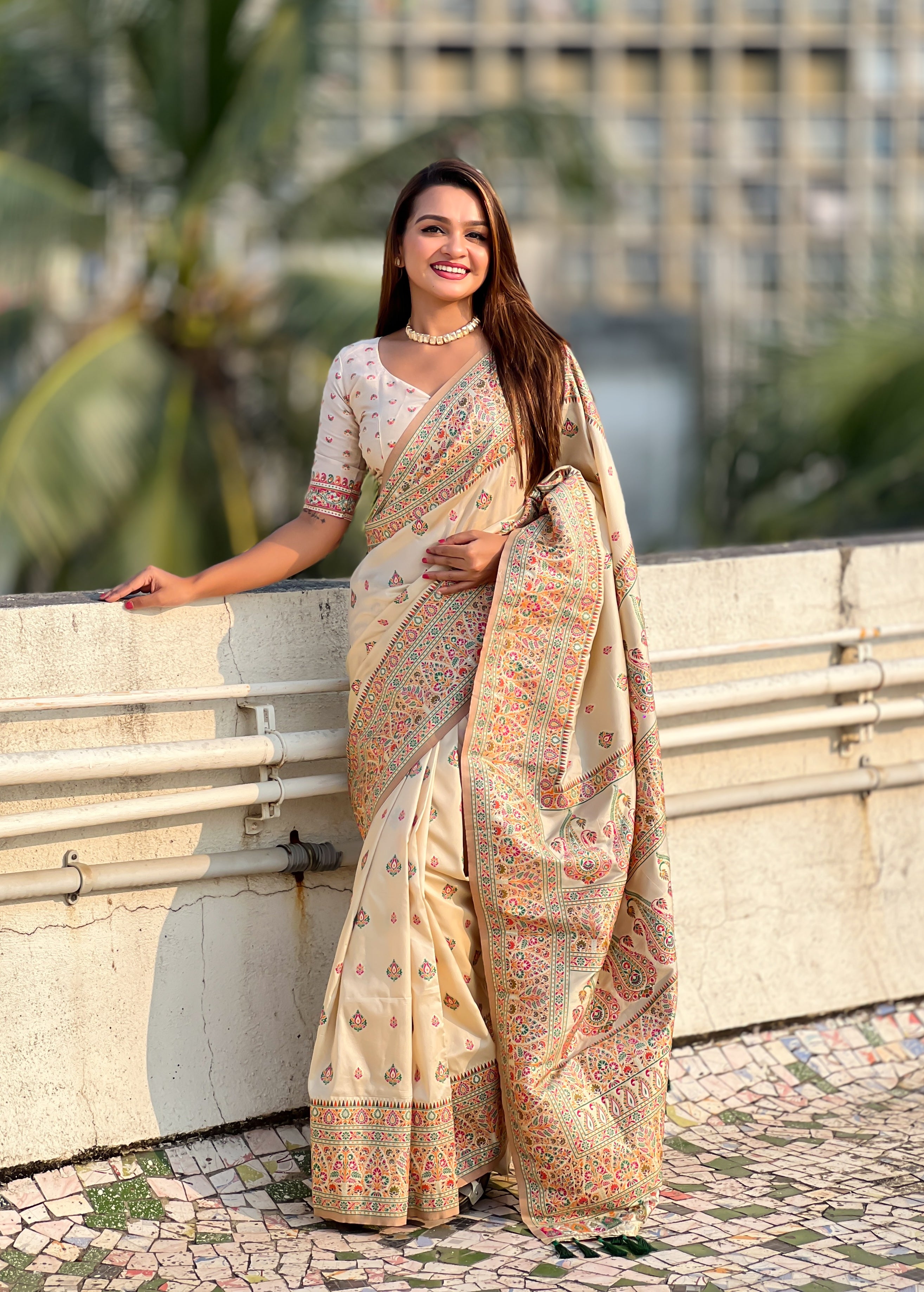 Ivory Cream Pashmina Kashmiri Sarees