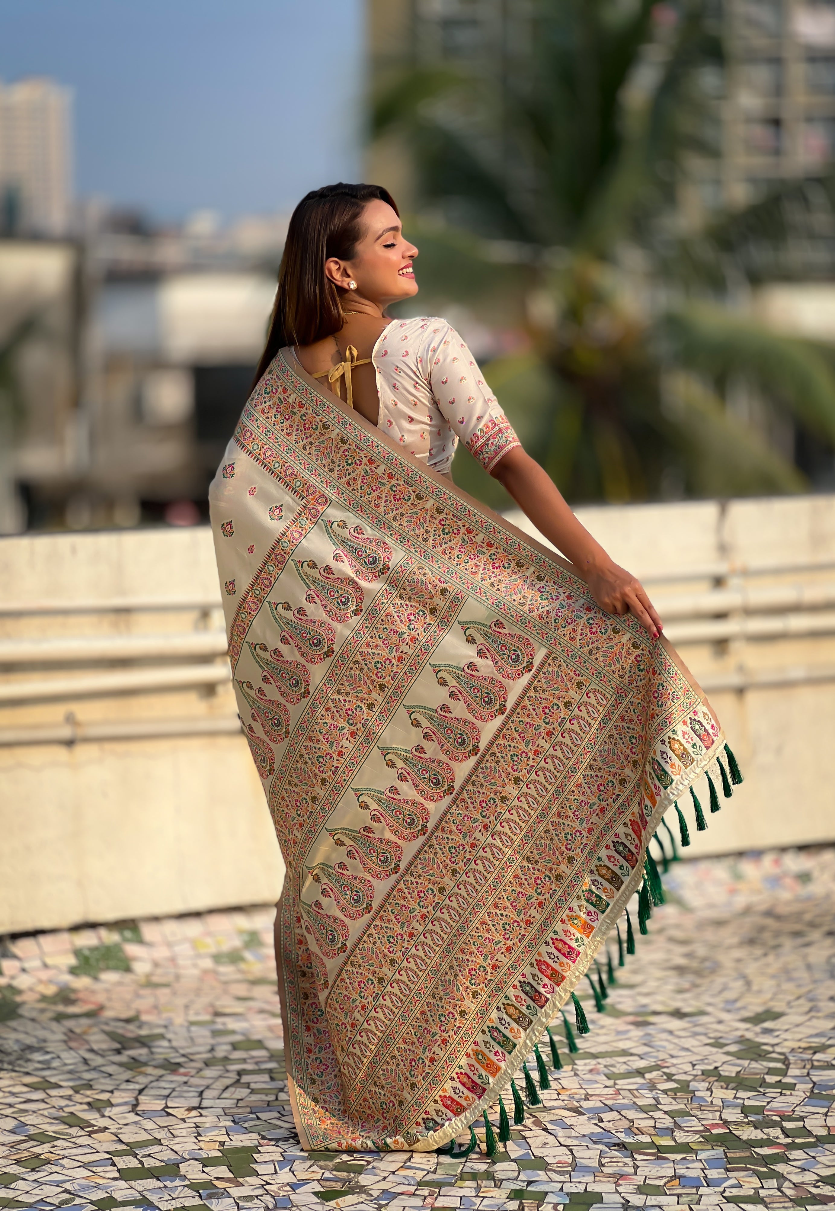 Ivory Cream Pashmina Kashmiri Sarees