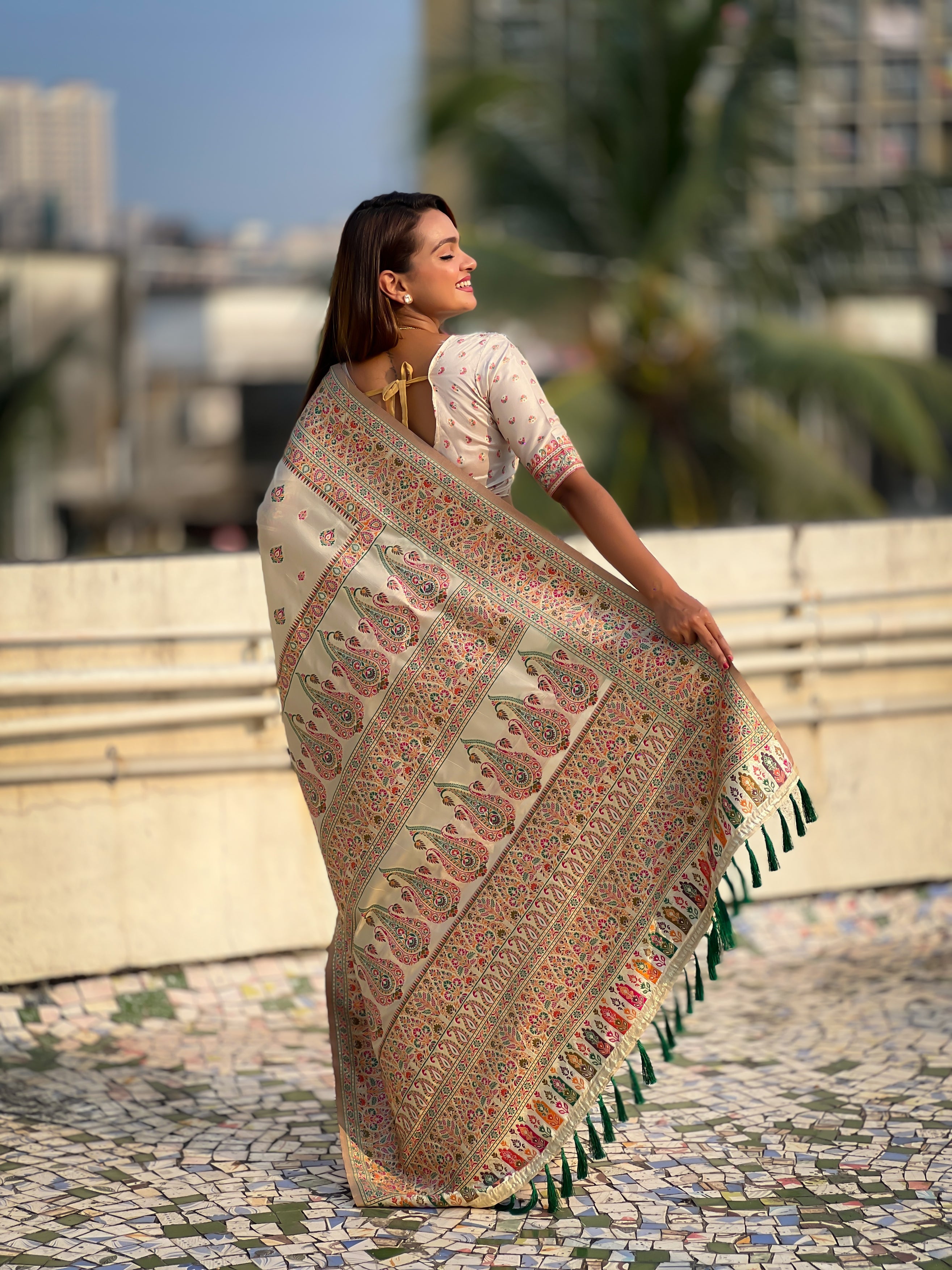 Ivory Cream Pashmina Kashmiri Sarees