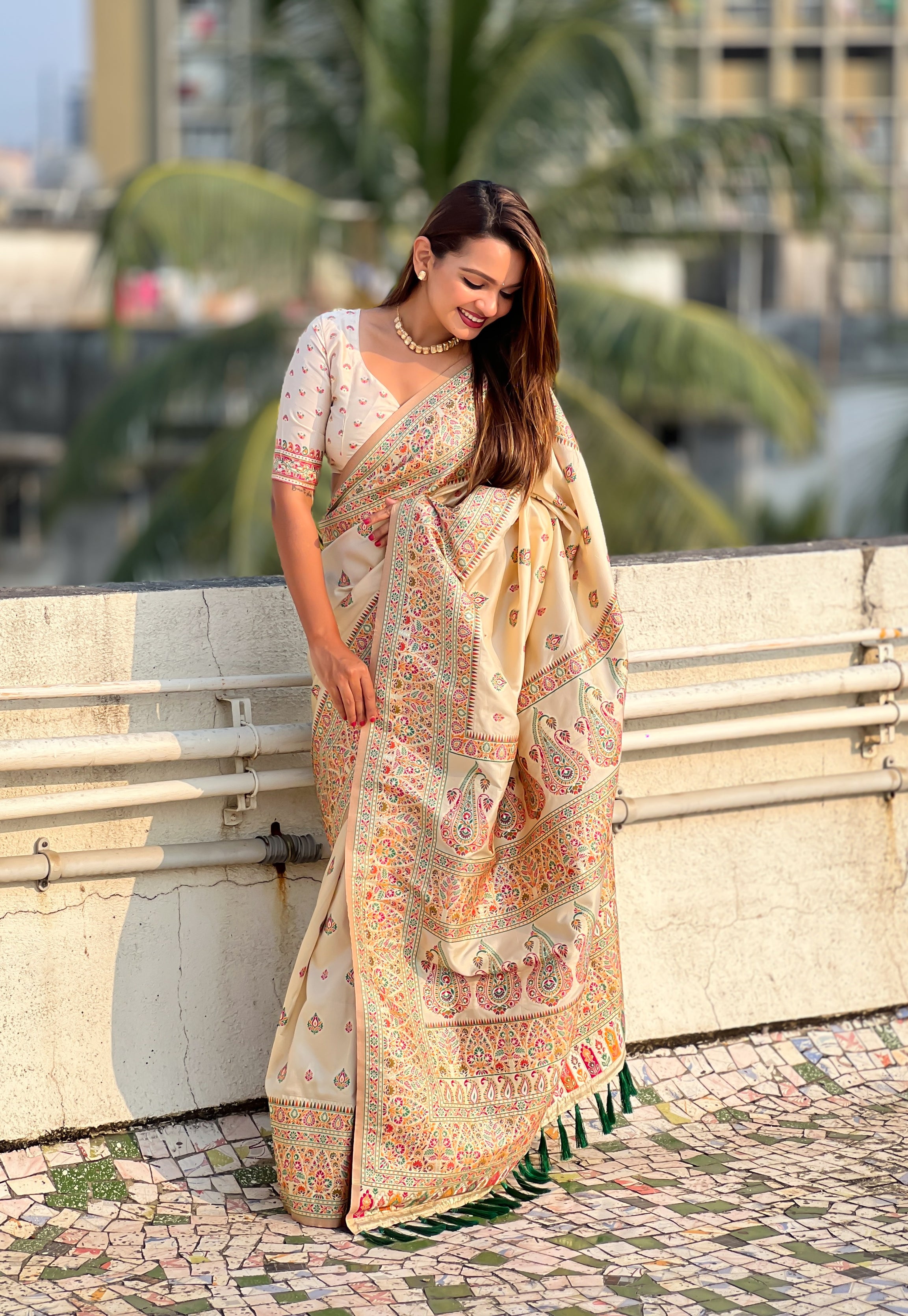 Ivory Cream Pashmina Kashmiri Sarees