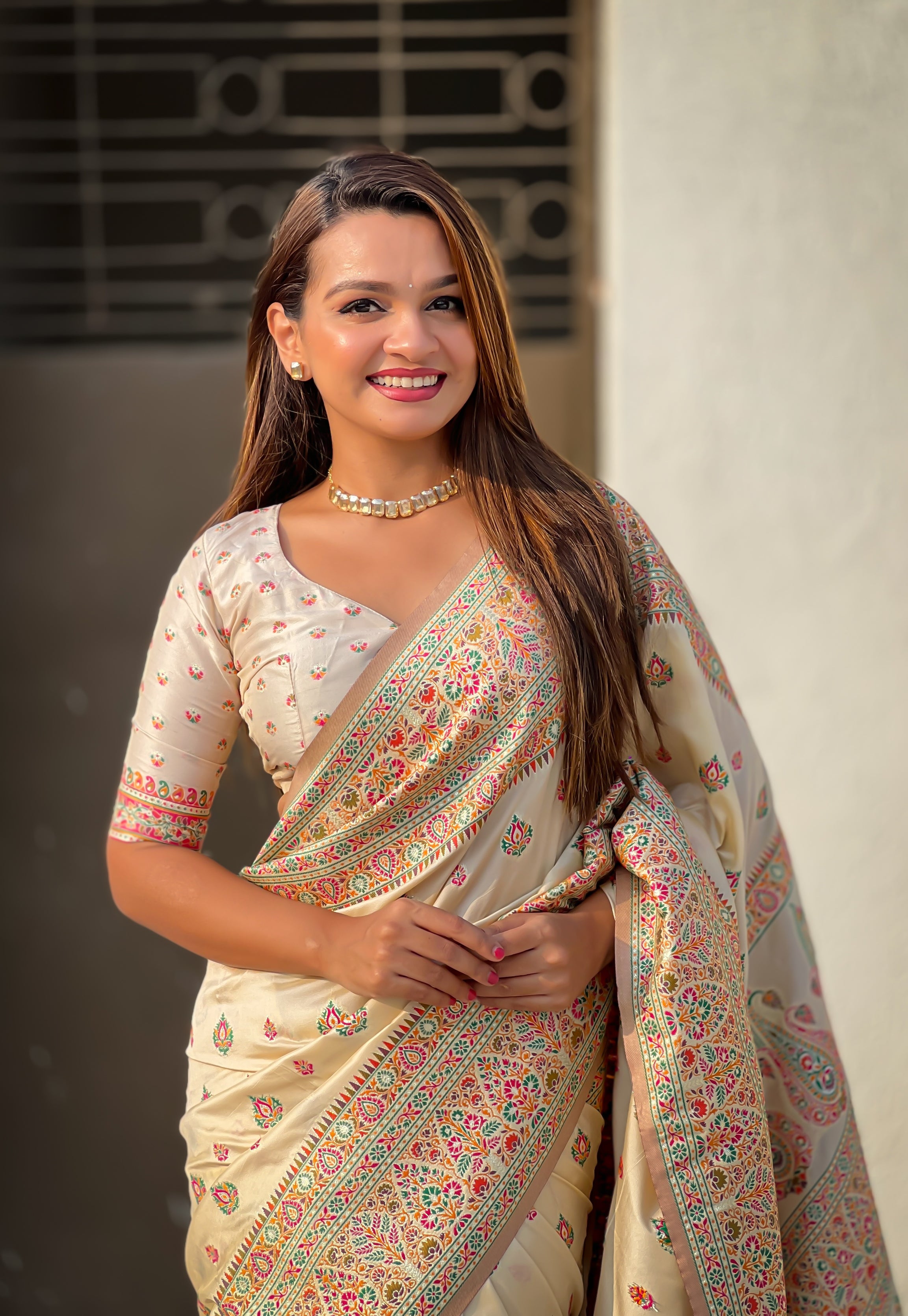 Ivory Cream Pashmina Kashmiri Sarees