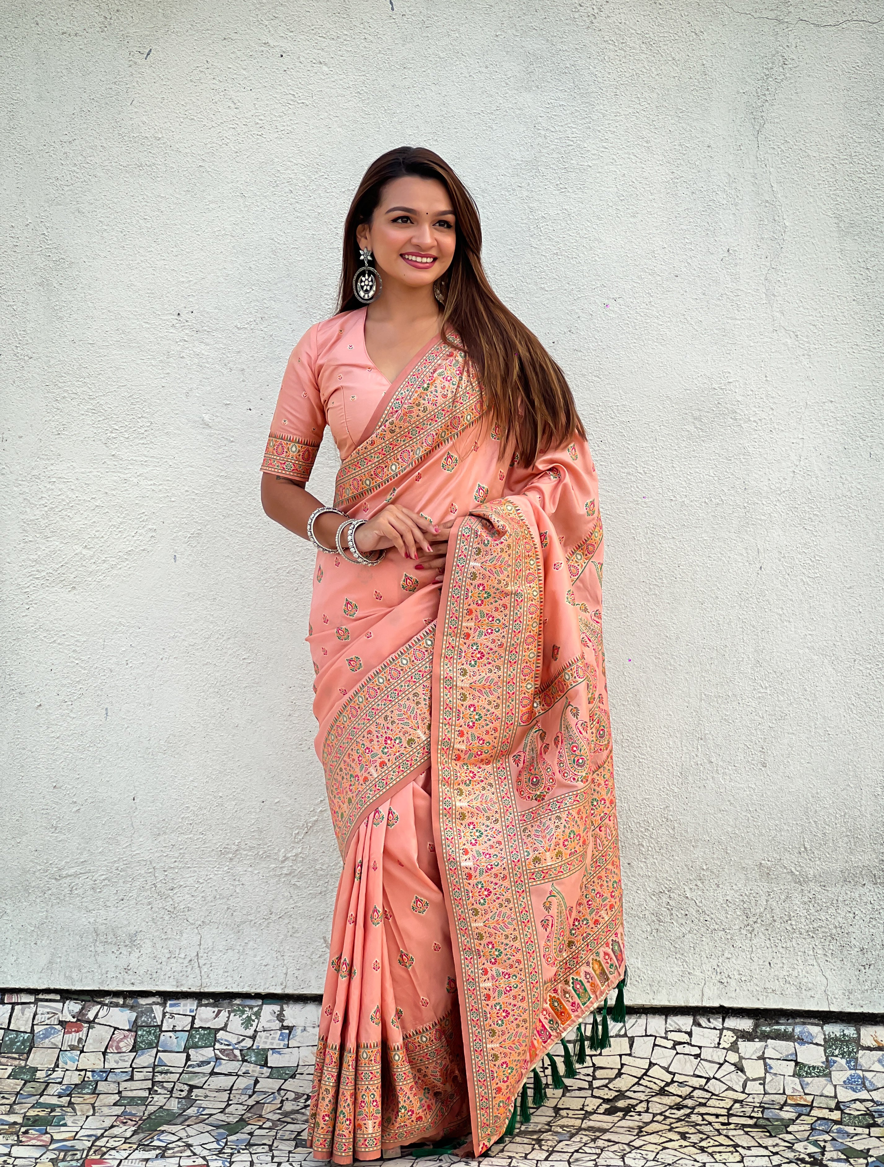Blush Peach Pashmina Kashmiri Sarees