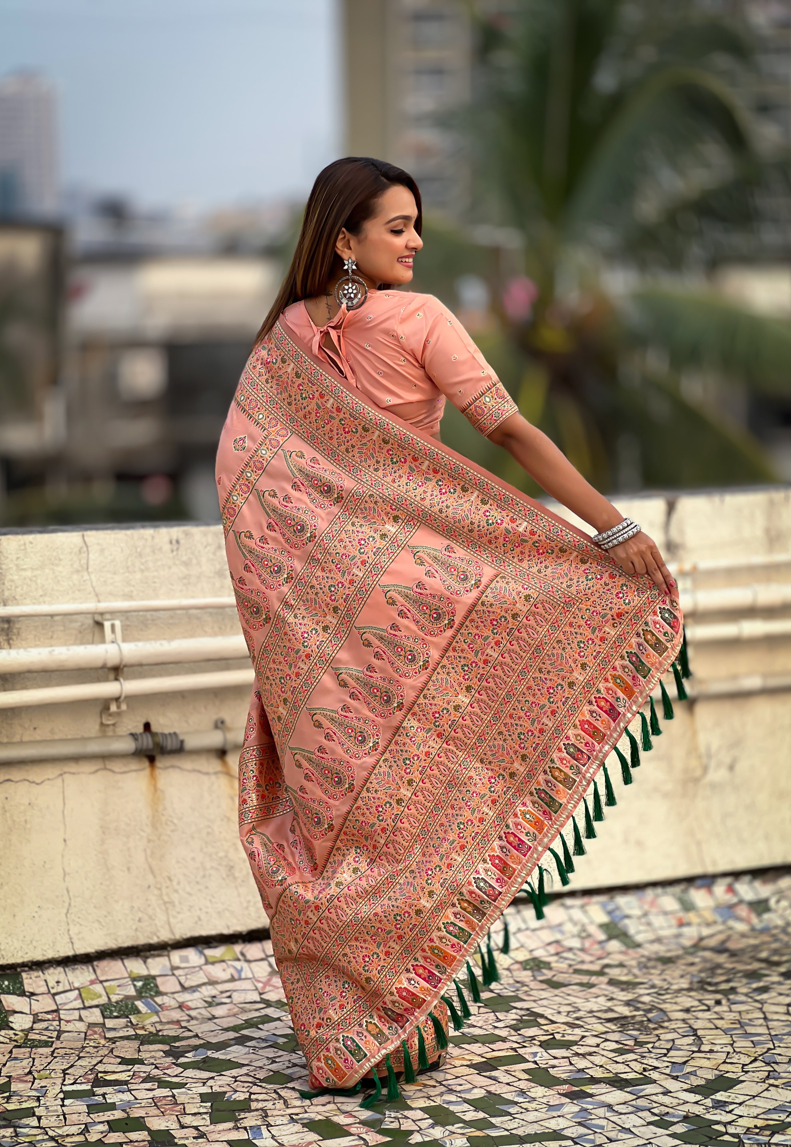 Blush Peach Pashmina Kashmiri Sarees
