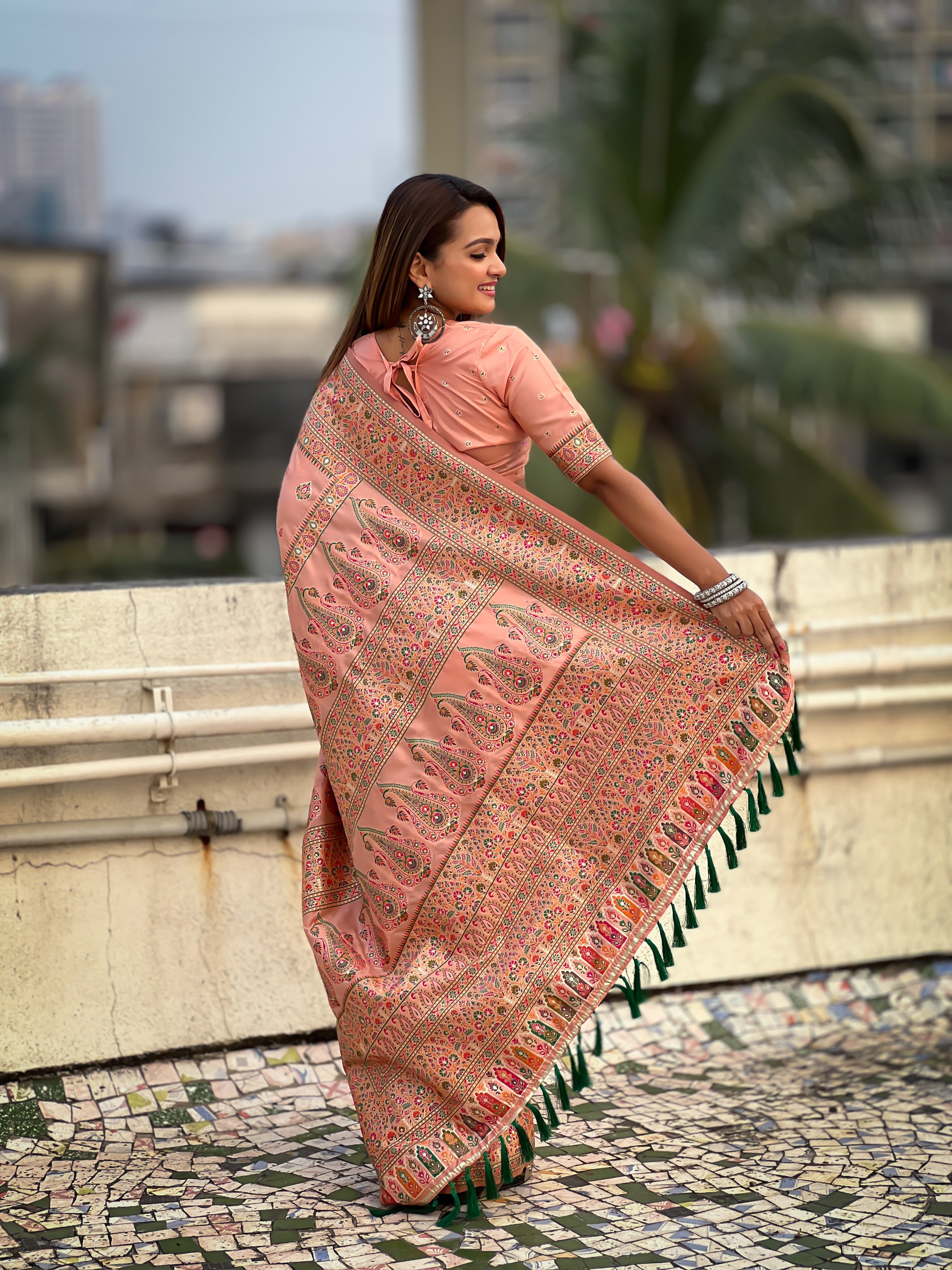 Blush Peach Pashmina Kashmiri Sarees