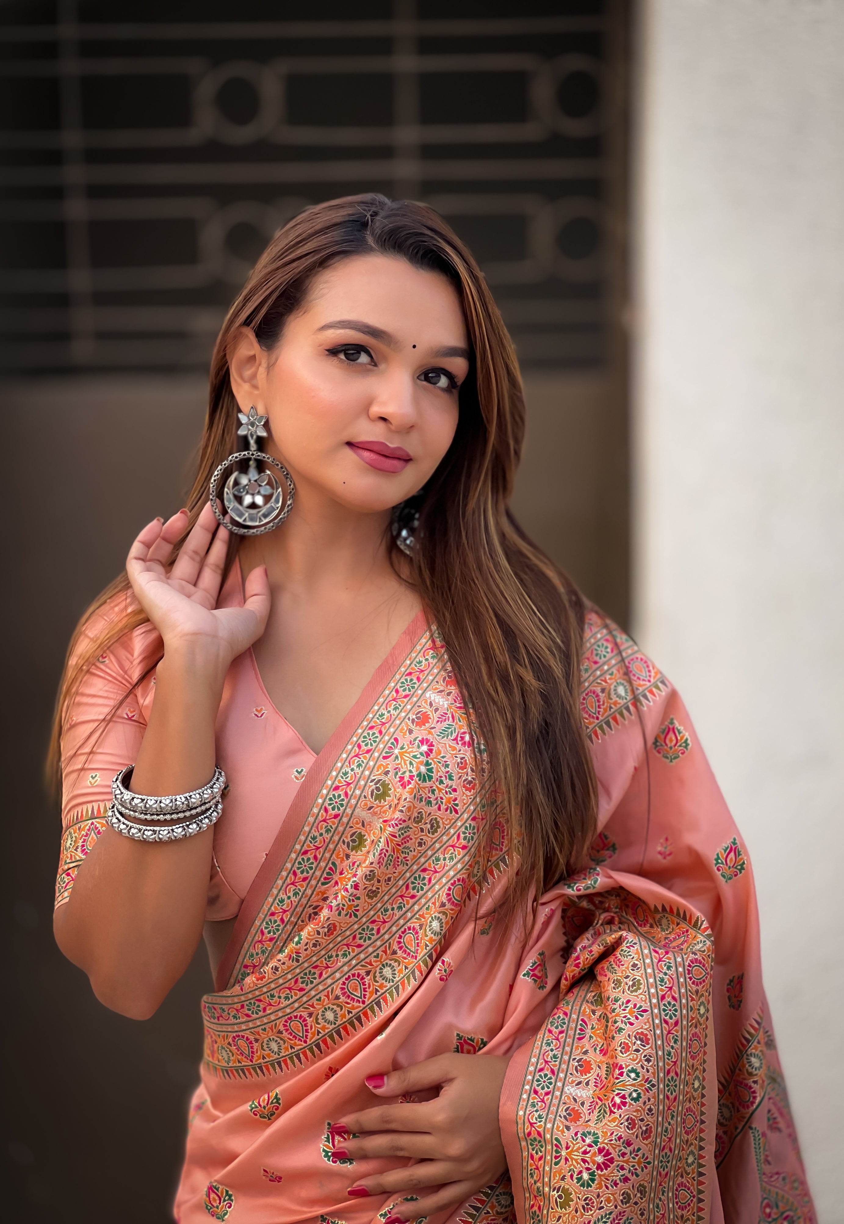 Blush Peach Pashmina Kashmiri Sarees