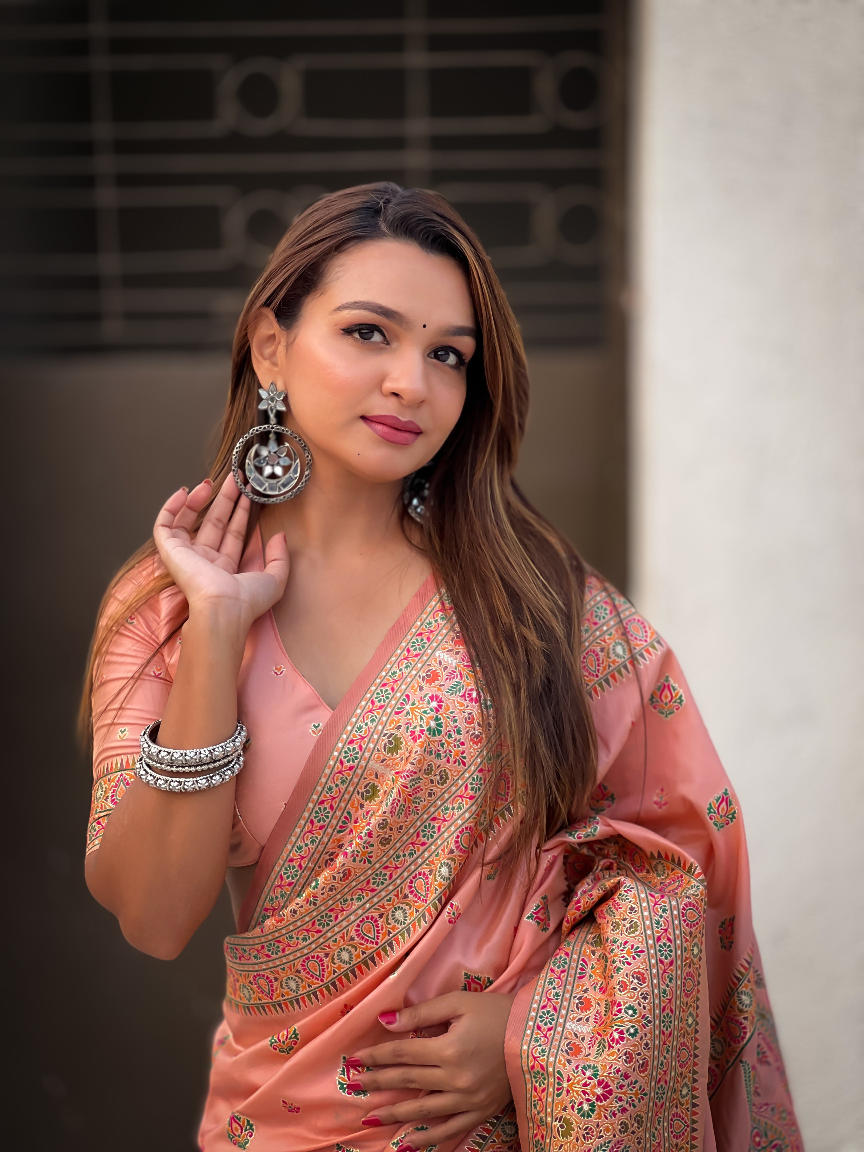 Blush Peach Pashmina Kashmiri Sarees