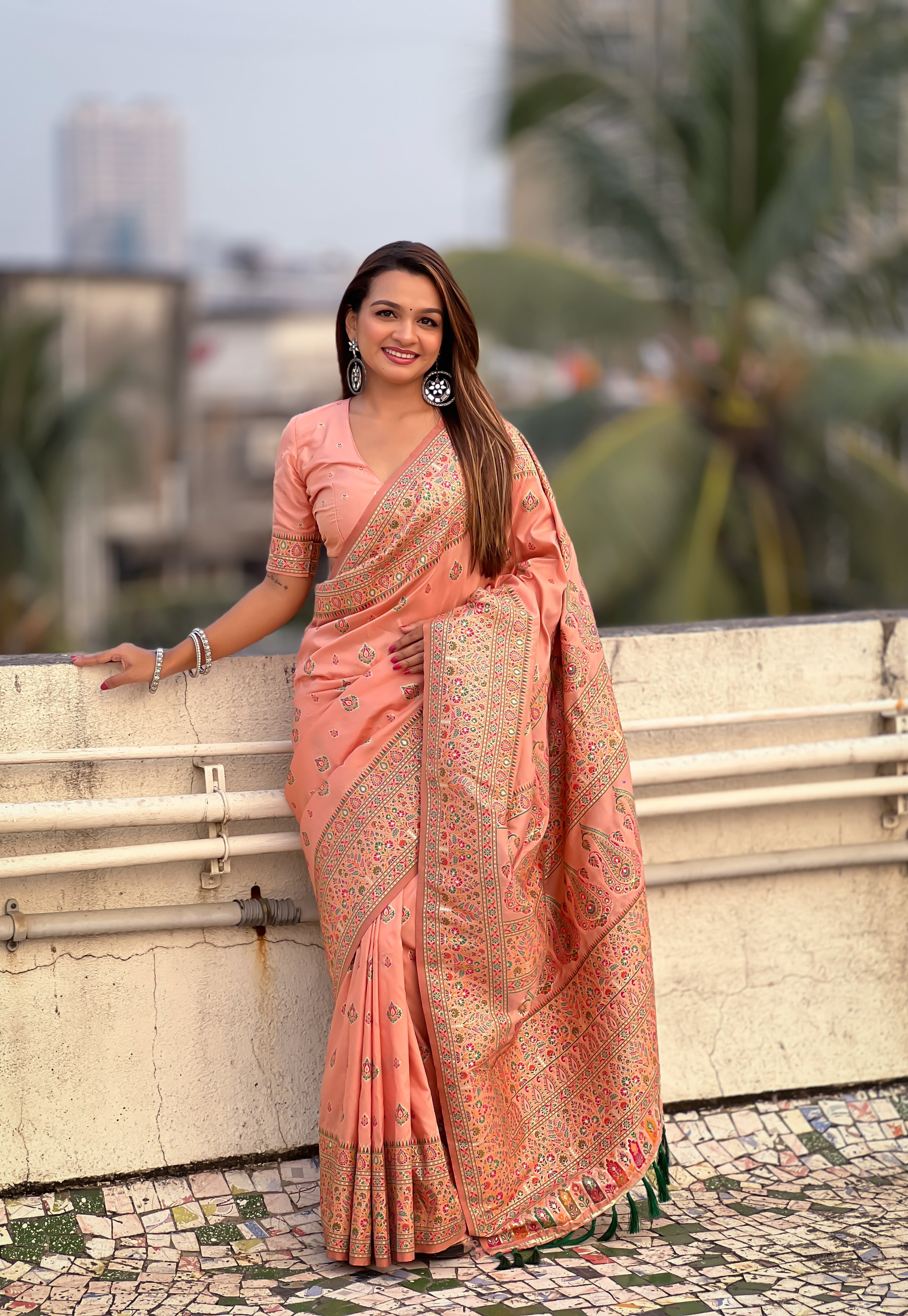 Blush Peach Pashmina Kashmiri Sarees
