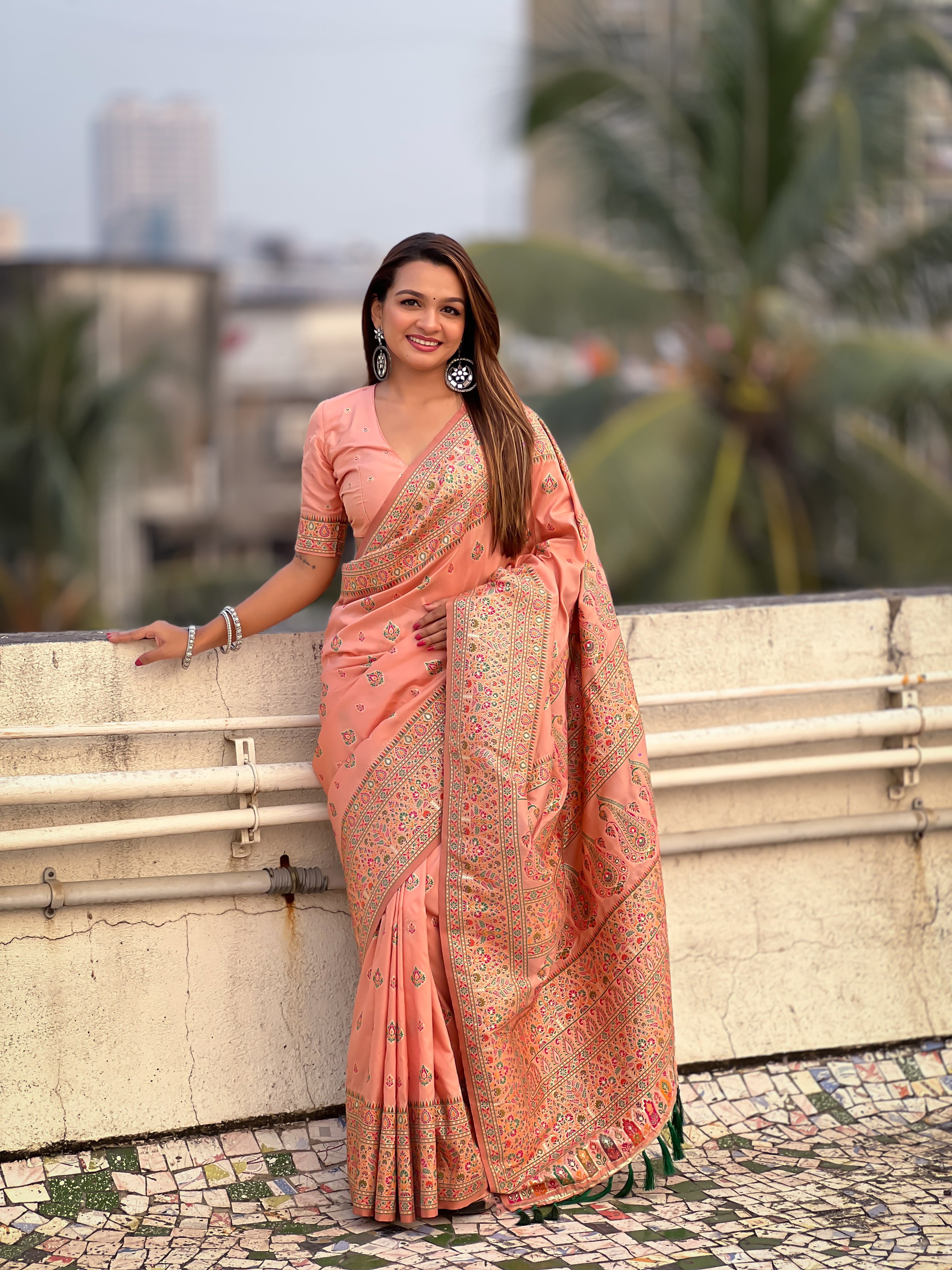 Blush Peach Pashmina Kashmiri Sarees