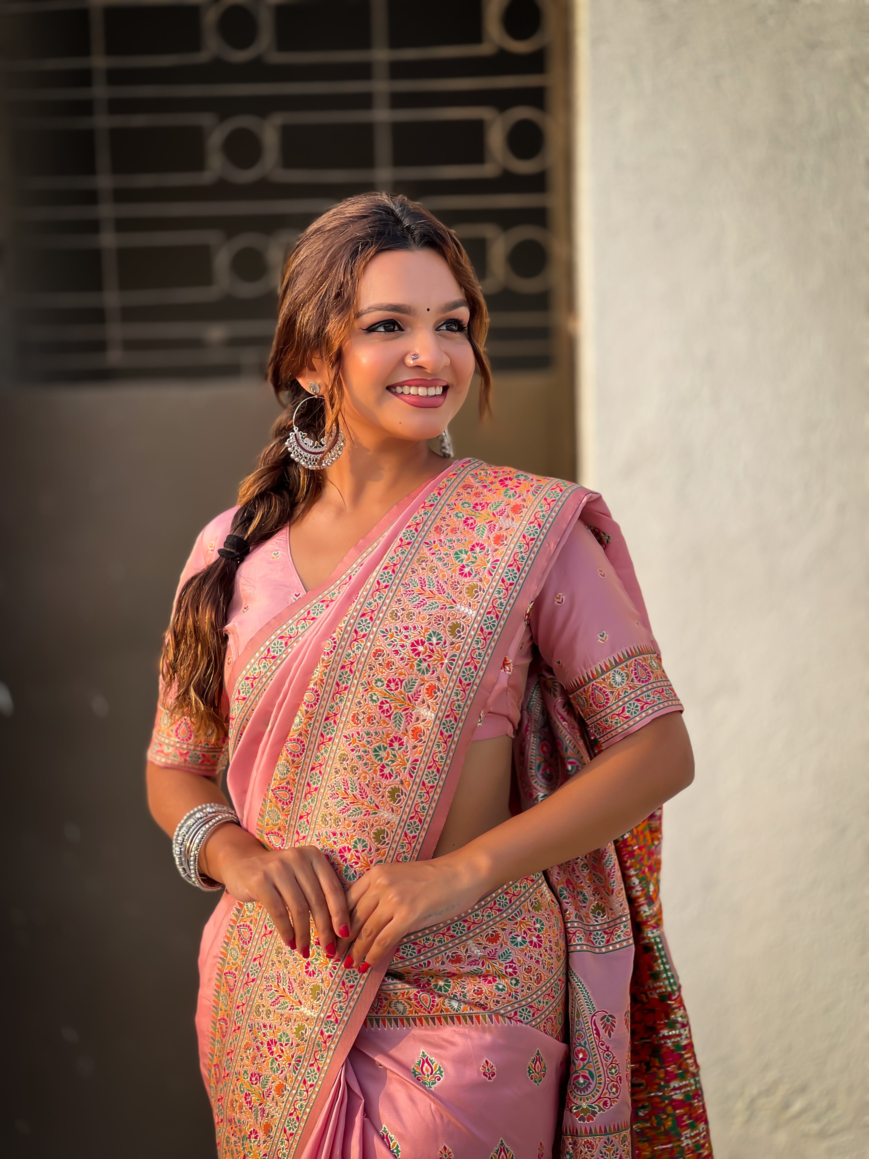 Rose Pink Pashmina Kashmiri Sarees