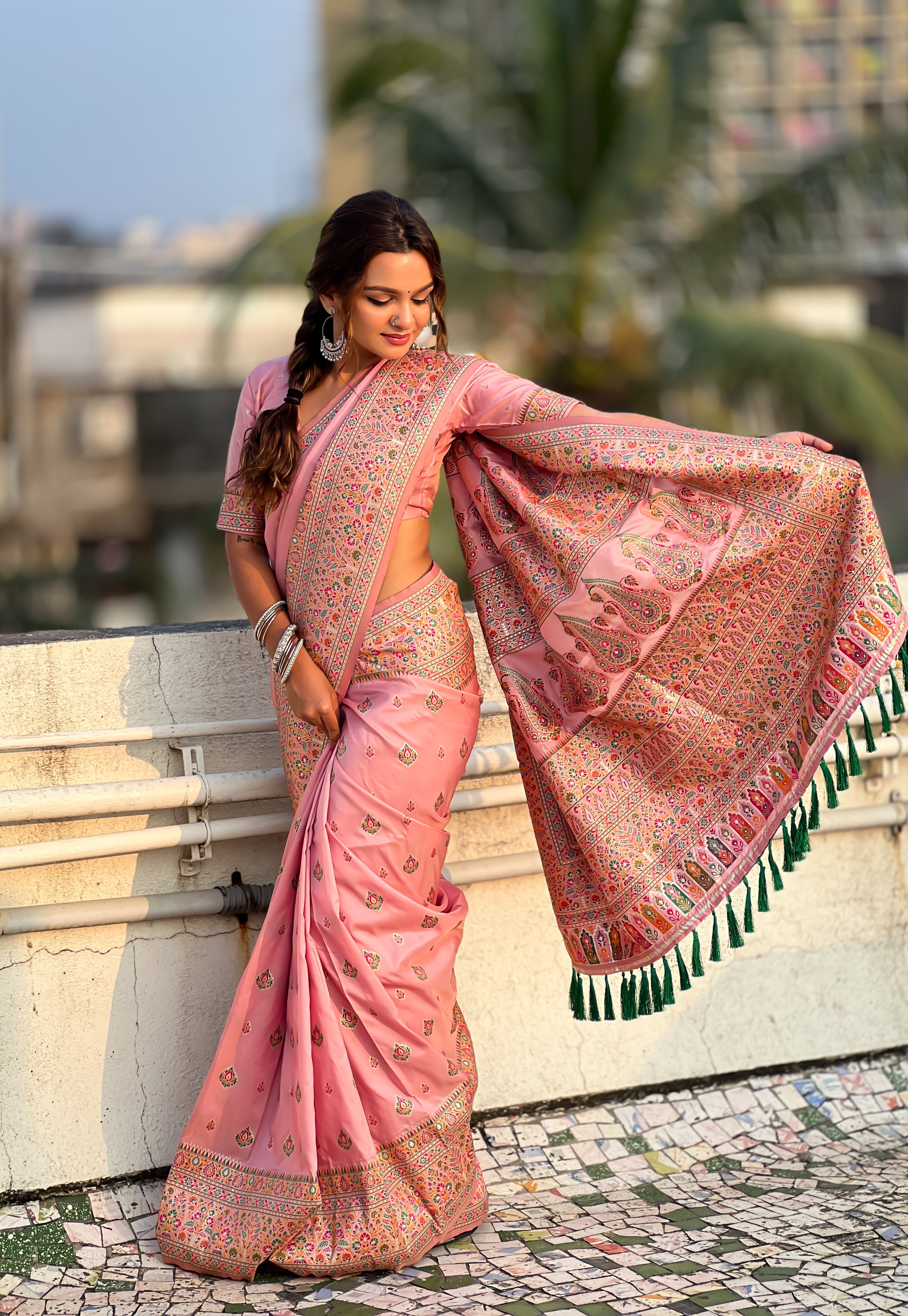 Rose Pink Pashmina Kashmiri Sarees