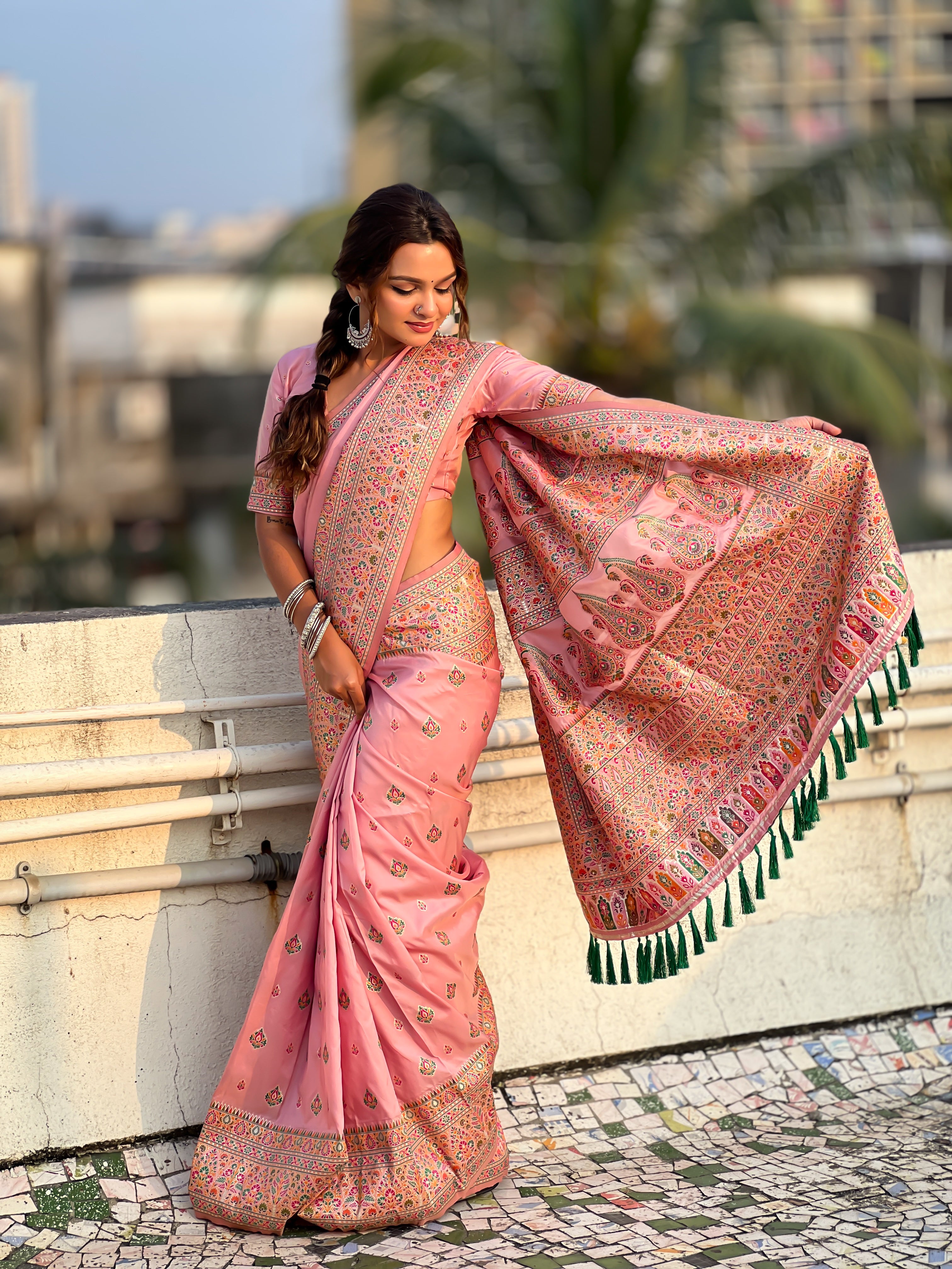 Rose Pink Pashmina Kashmiri Sarees