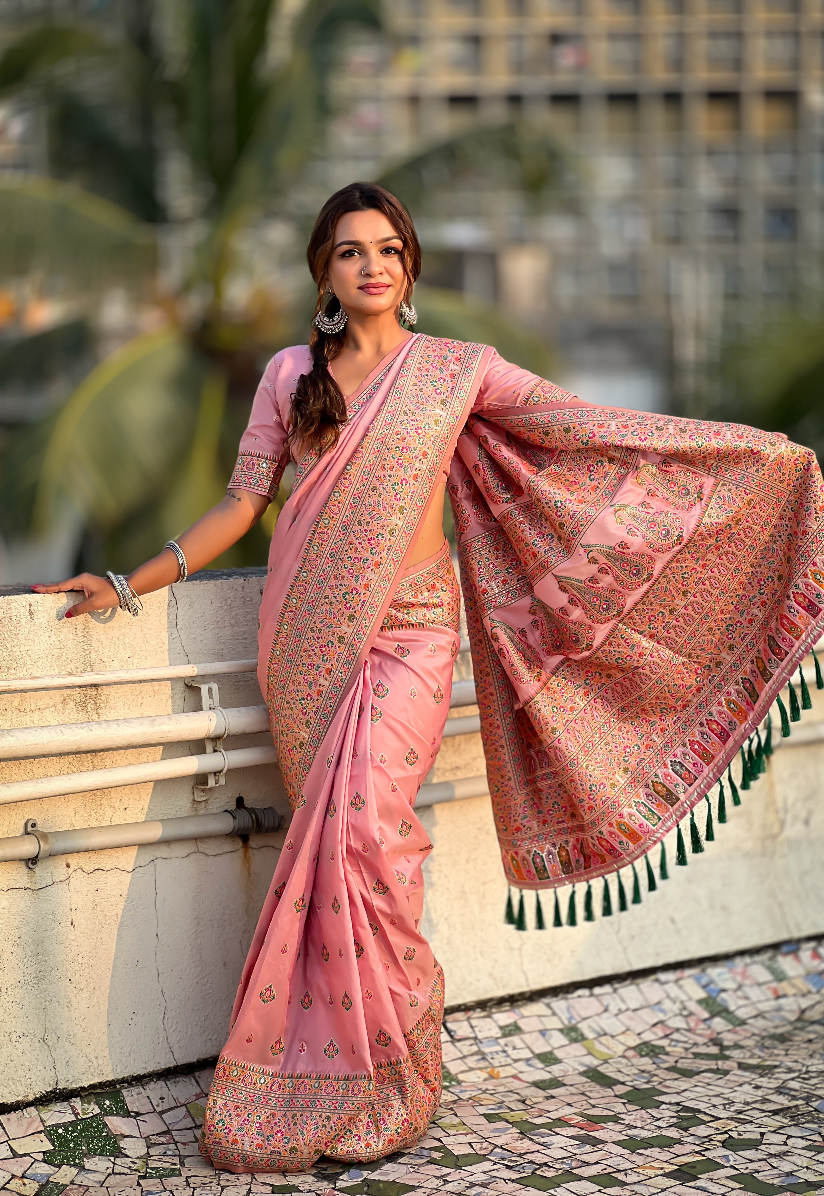 Rose Pink Pashmina Kashmiri Sarees