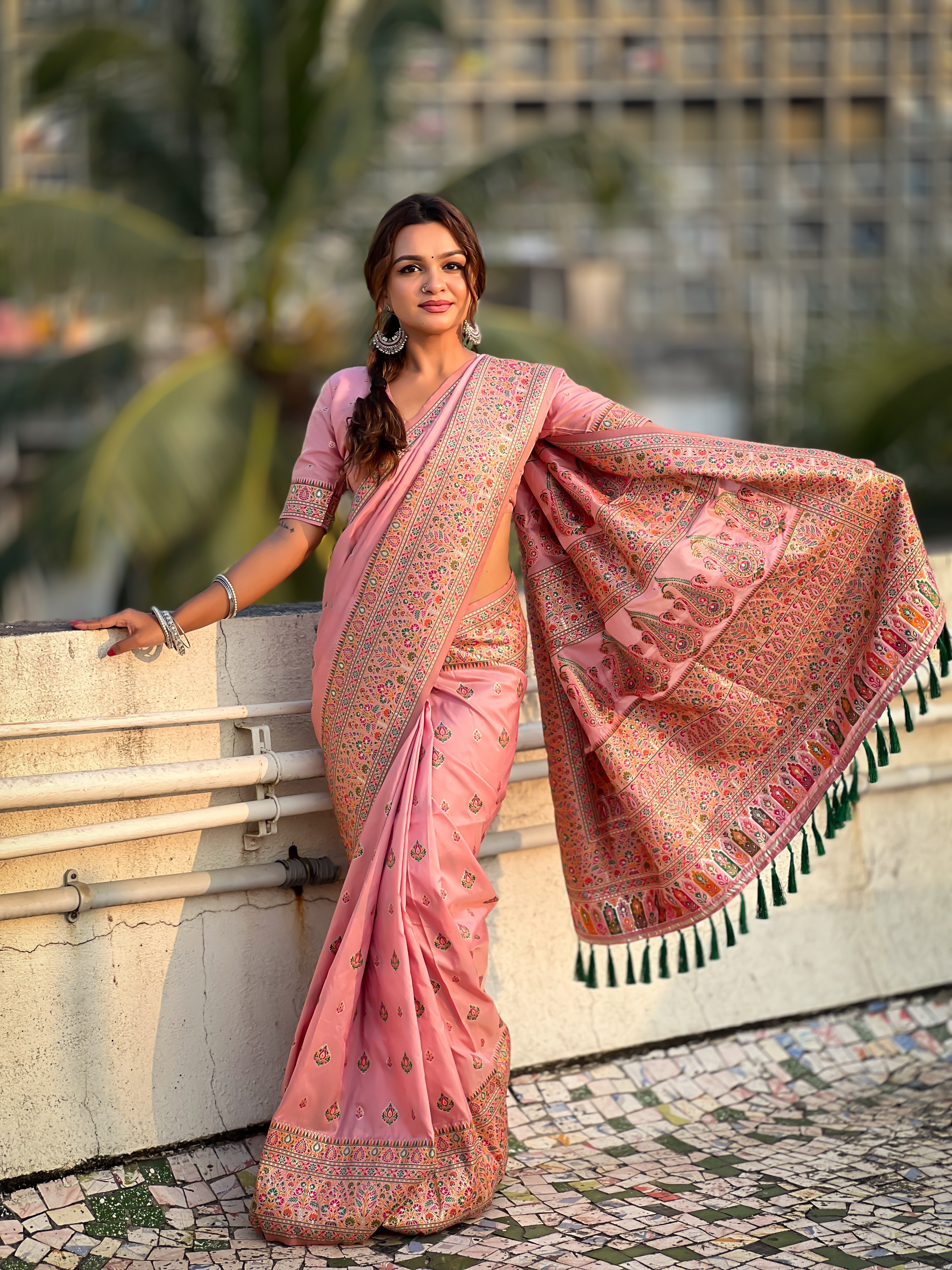 Rose Pink Pashmina Kashmiri Sarees