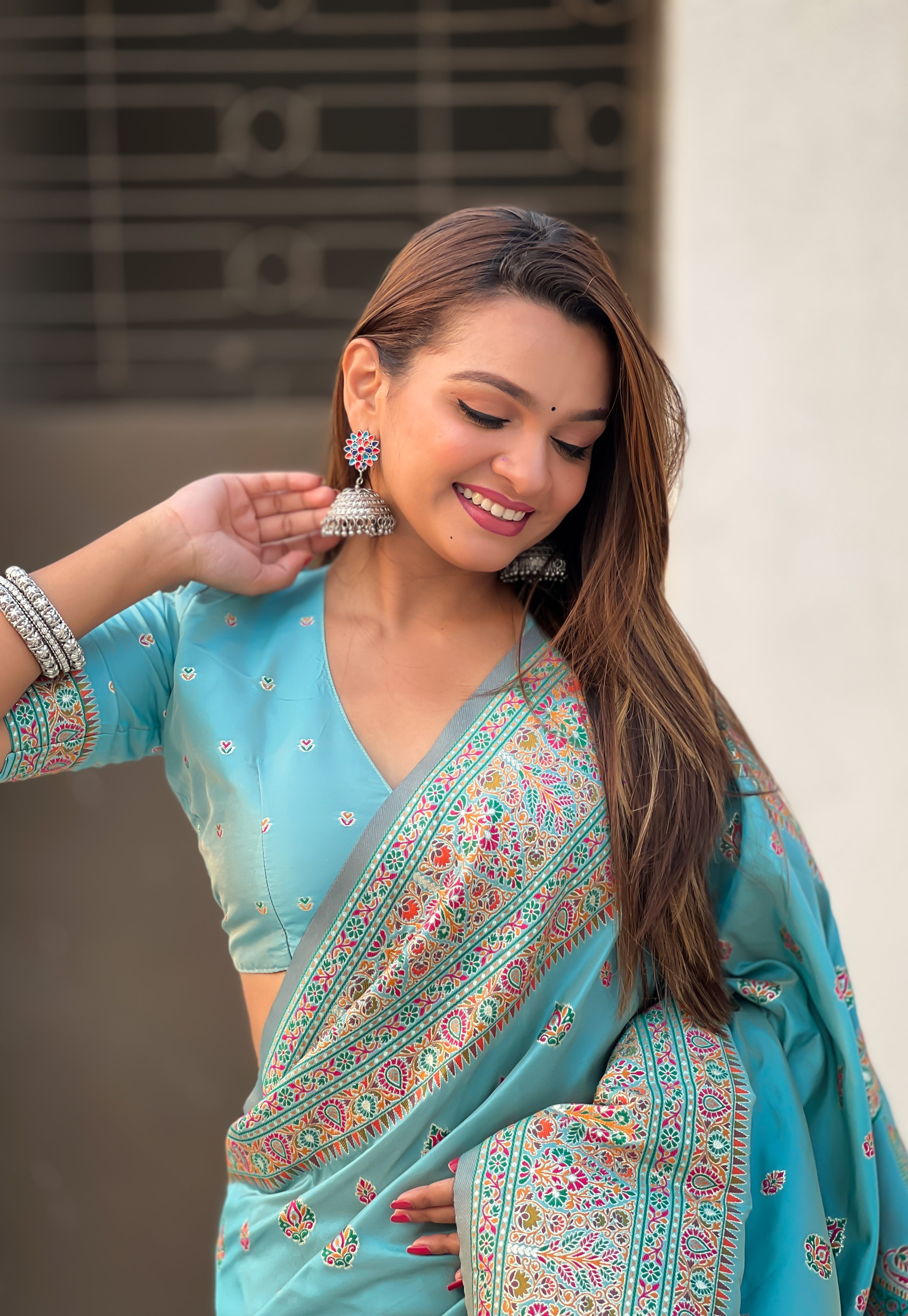 Sky Blue Pashmina Kashmiri Sarees