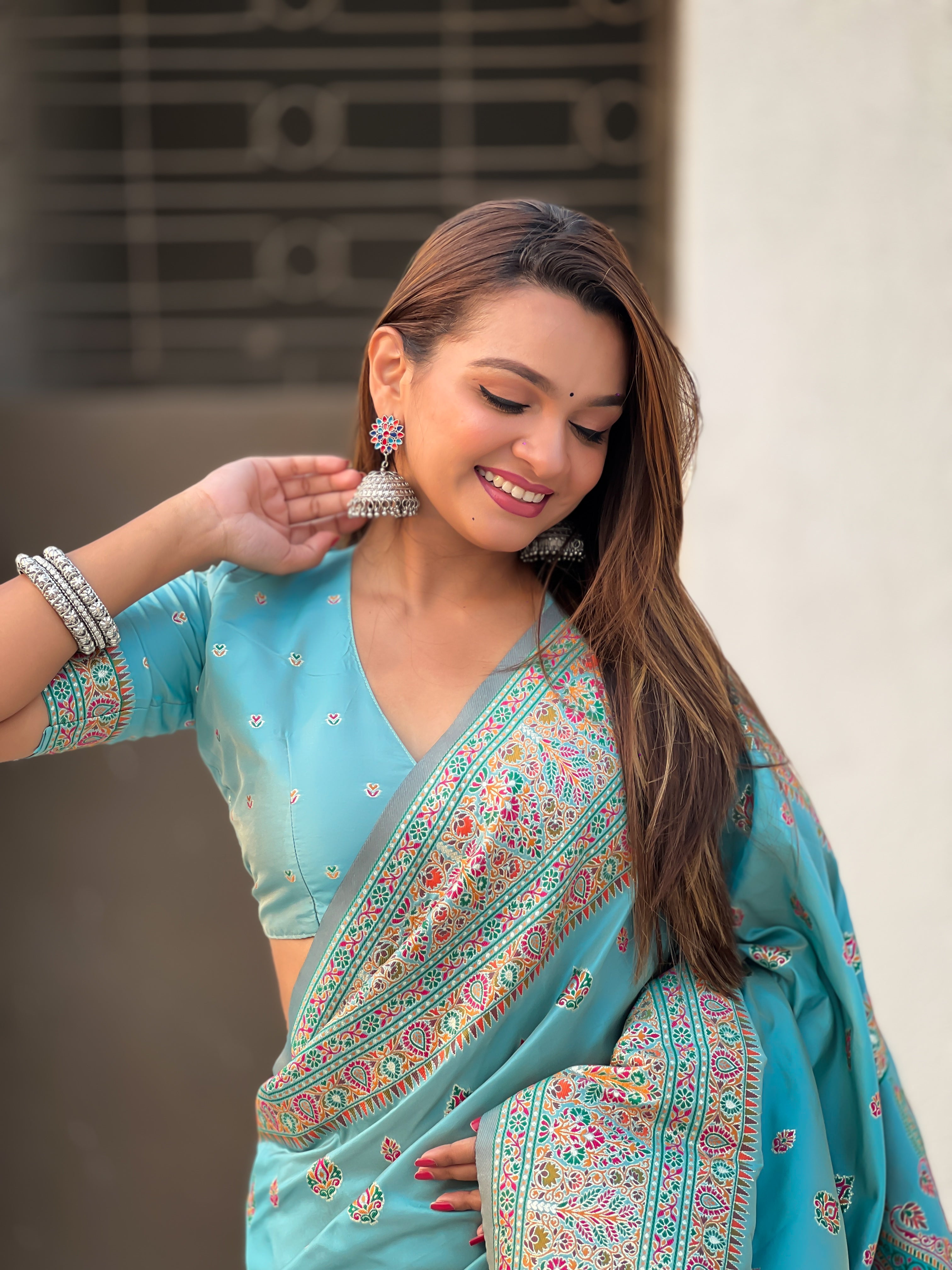 Sky Blue Pashmina Kashmiri Sarees