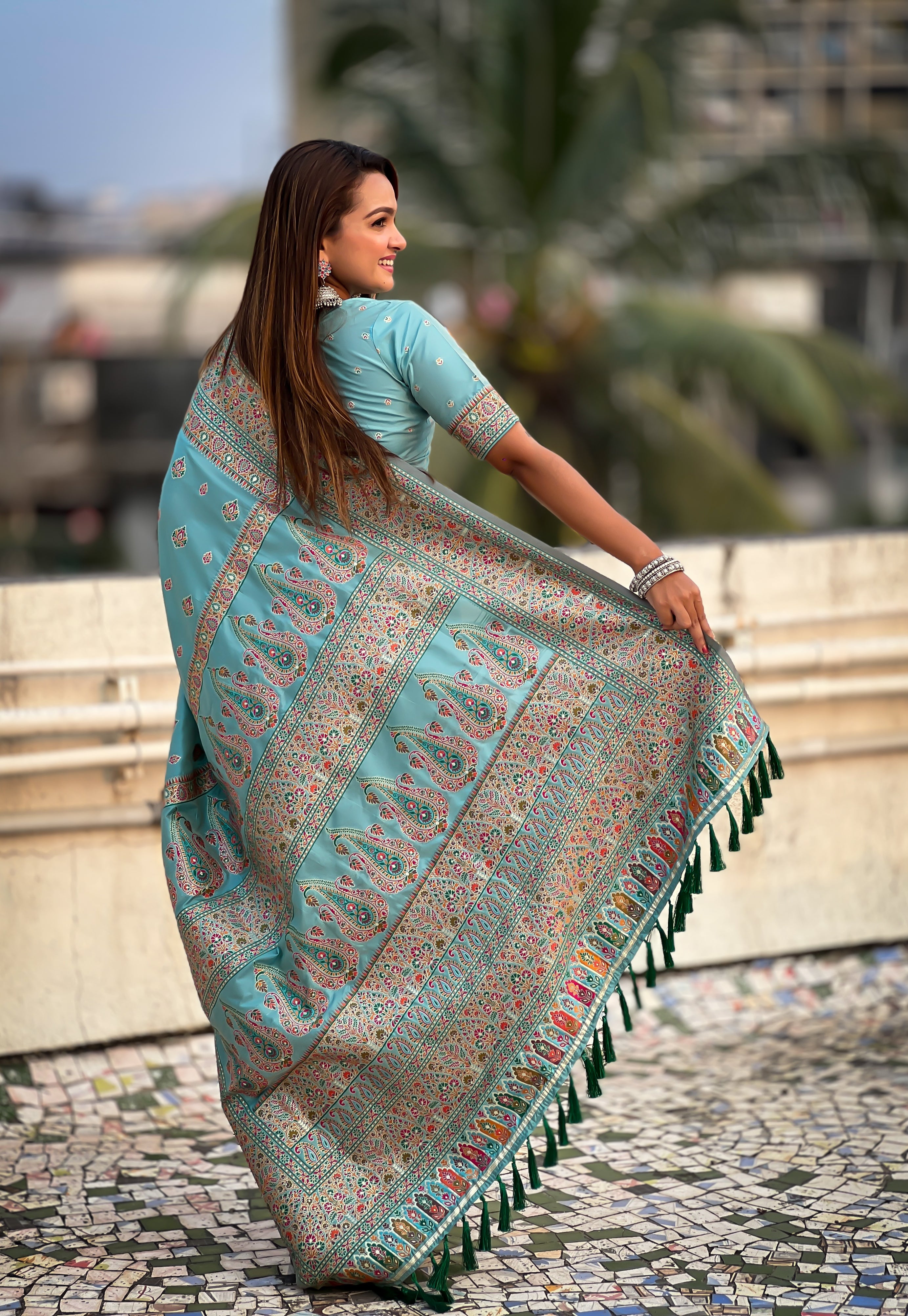 Sky Blue Pashmina Kashmiri Sarees