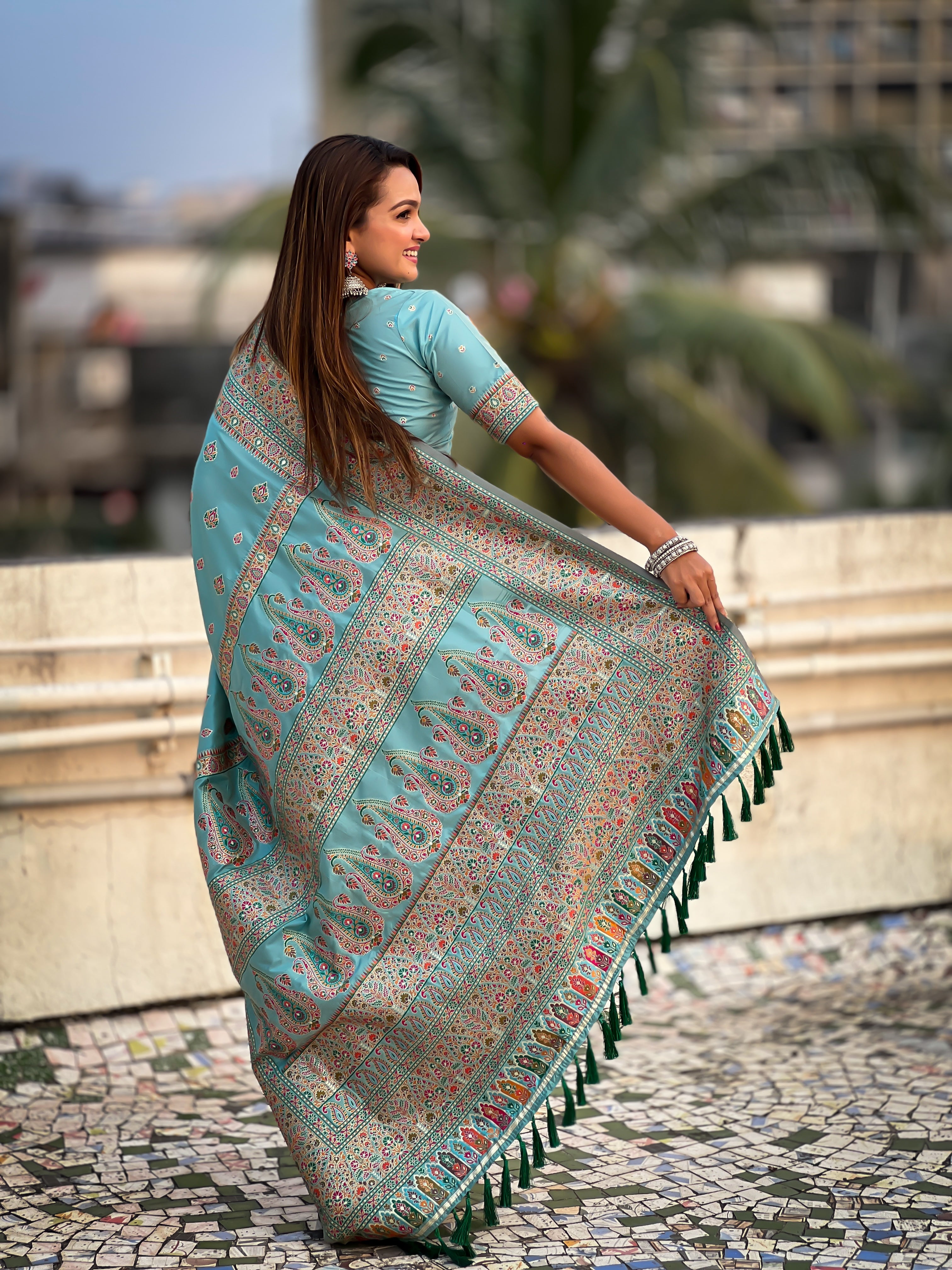 Sky Blue Pashmina Kashmiri Sarees