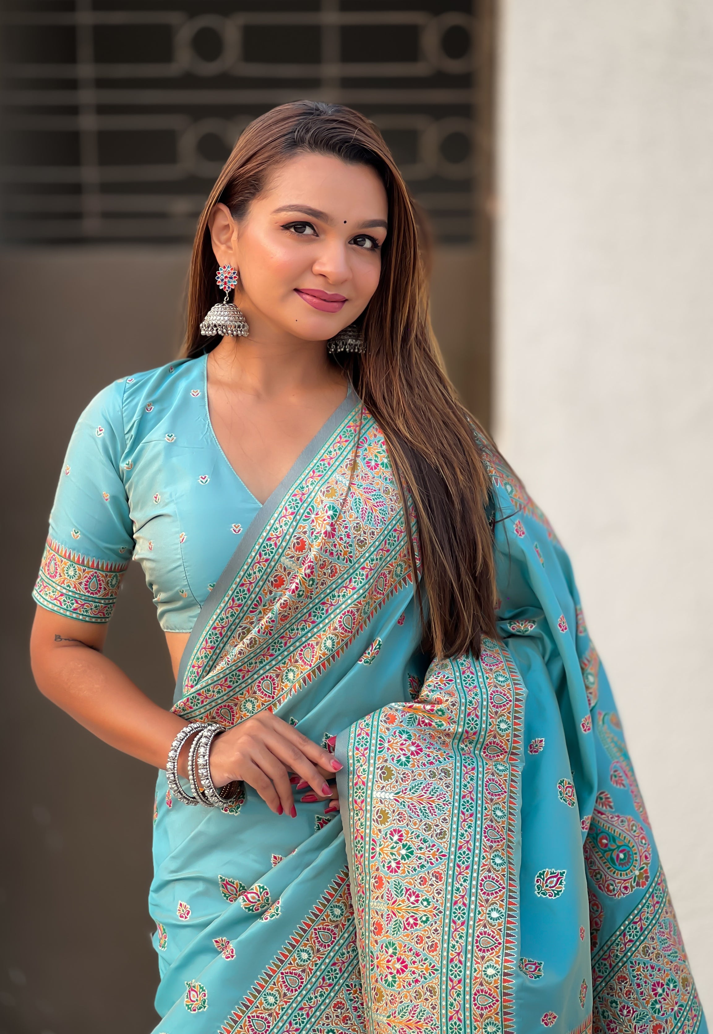 Sky Blue Pashmina Kashmiri Sarees