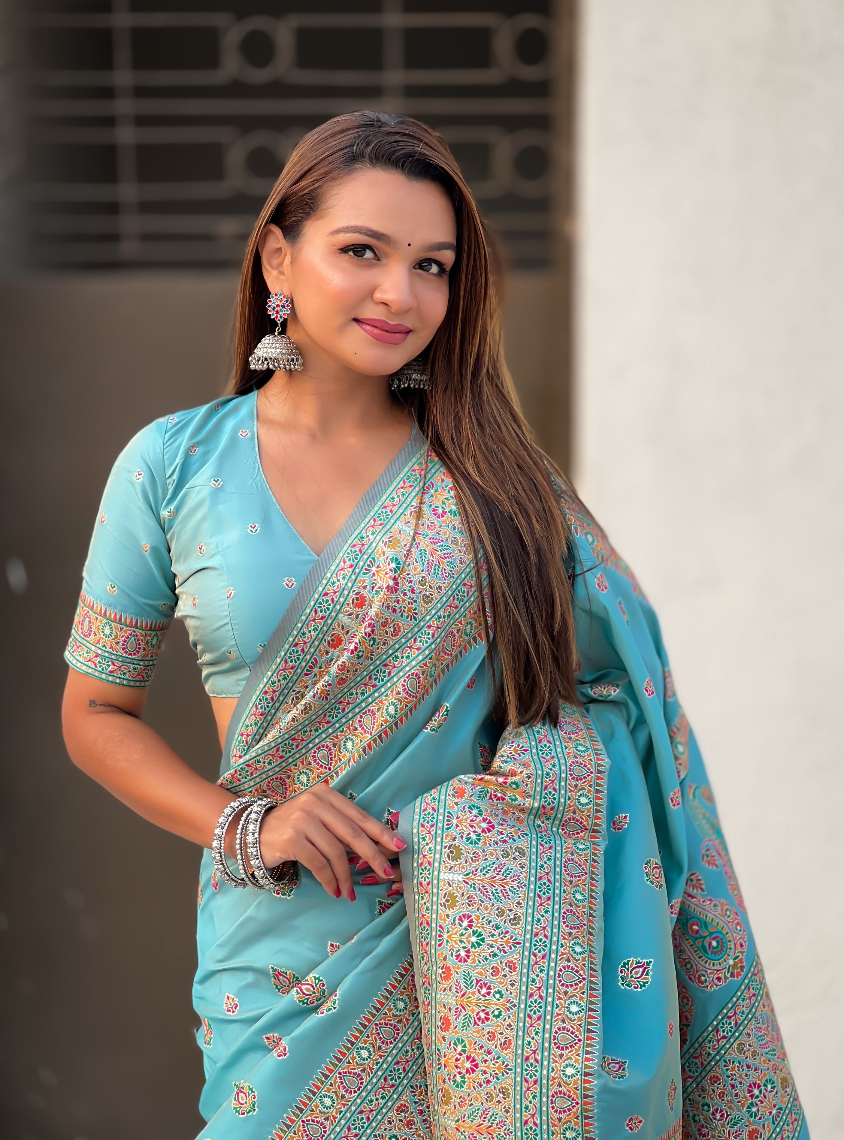 Sky Blue Pashmina Kashmiri Sarees