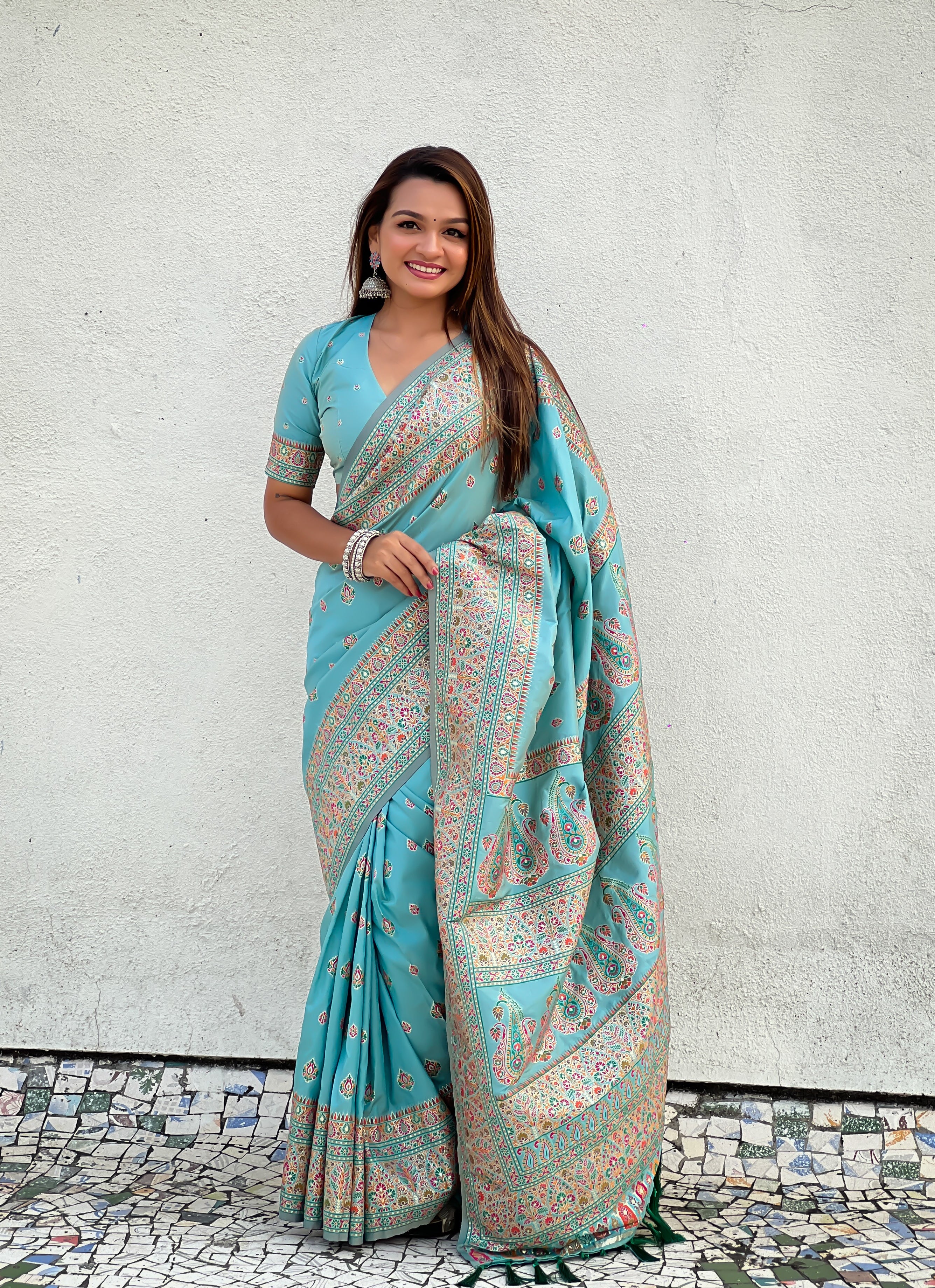 Sky Blue Pashmina Kashmiri Sarees