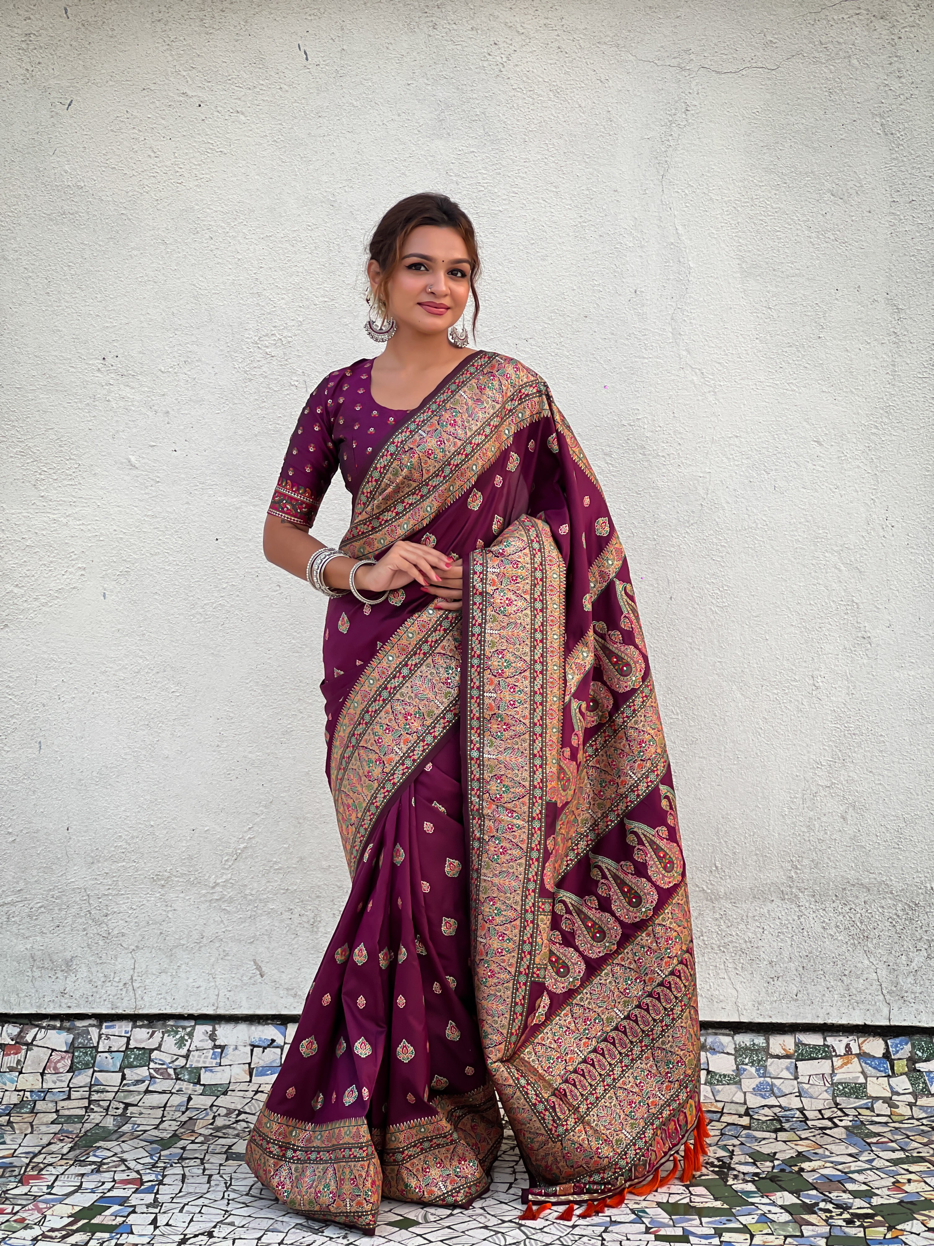 Regal Wine Pashmina Kashmiri Sarees
