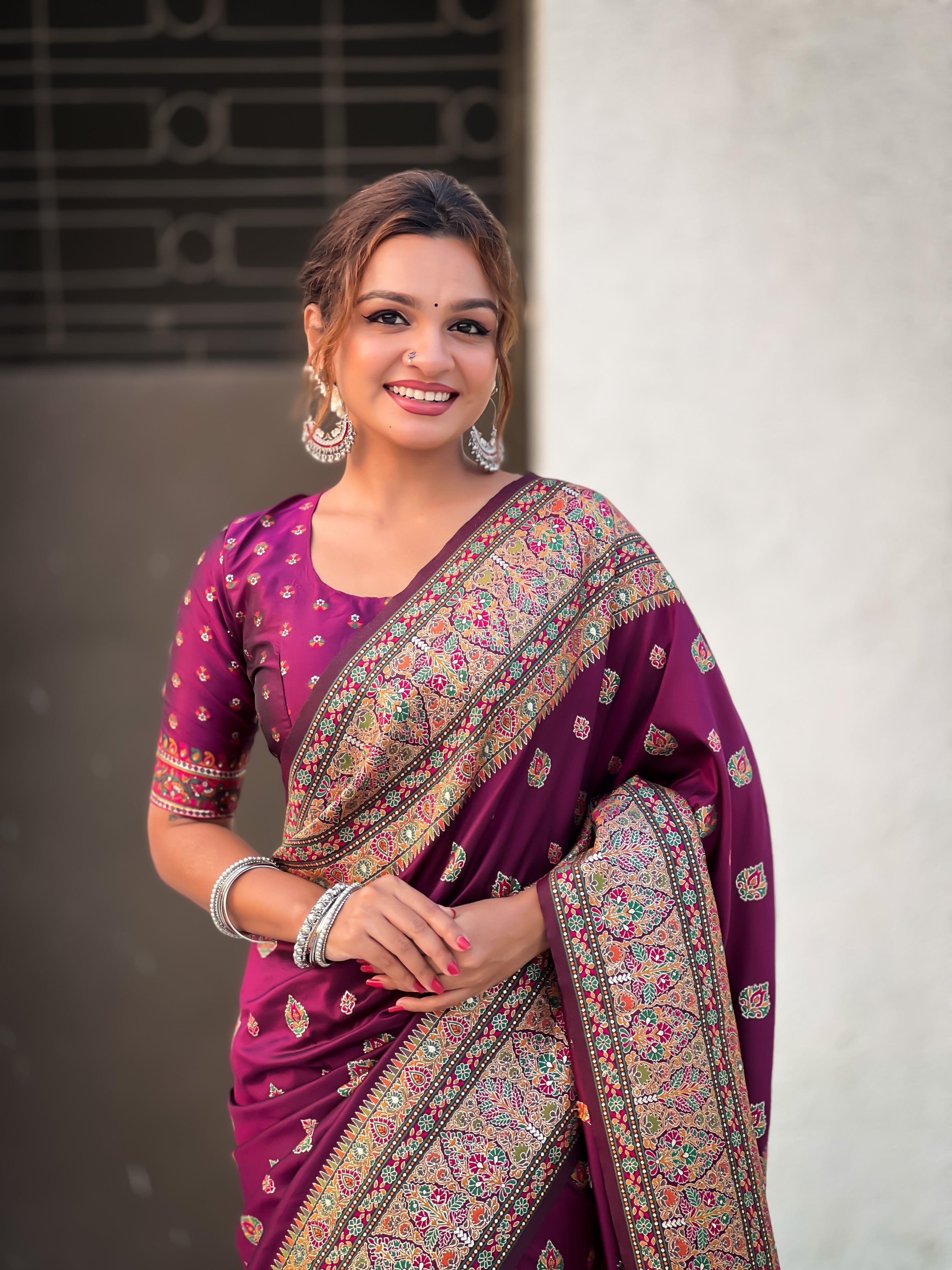 Regal Wine Pashmina Kashmiri Sarees