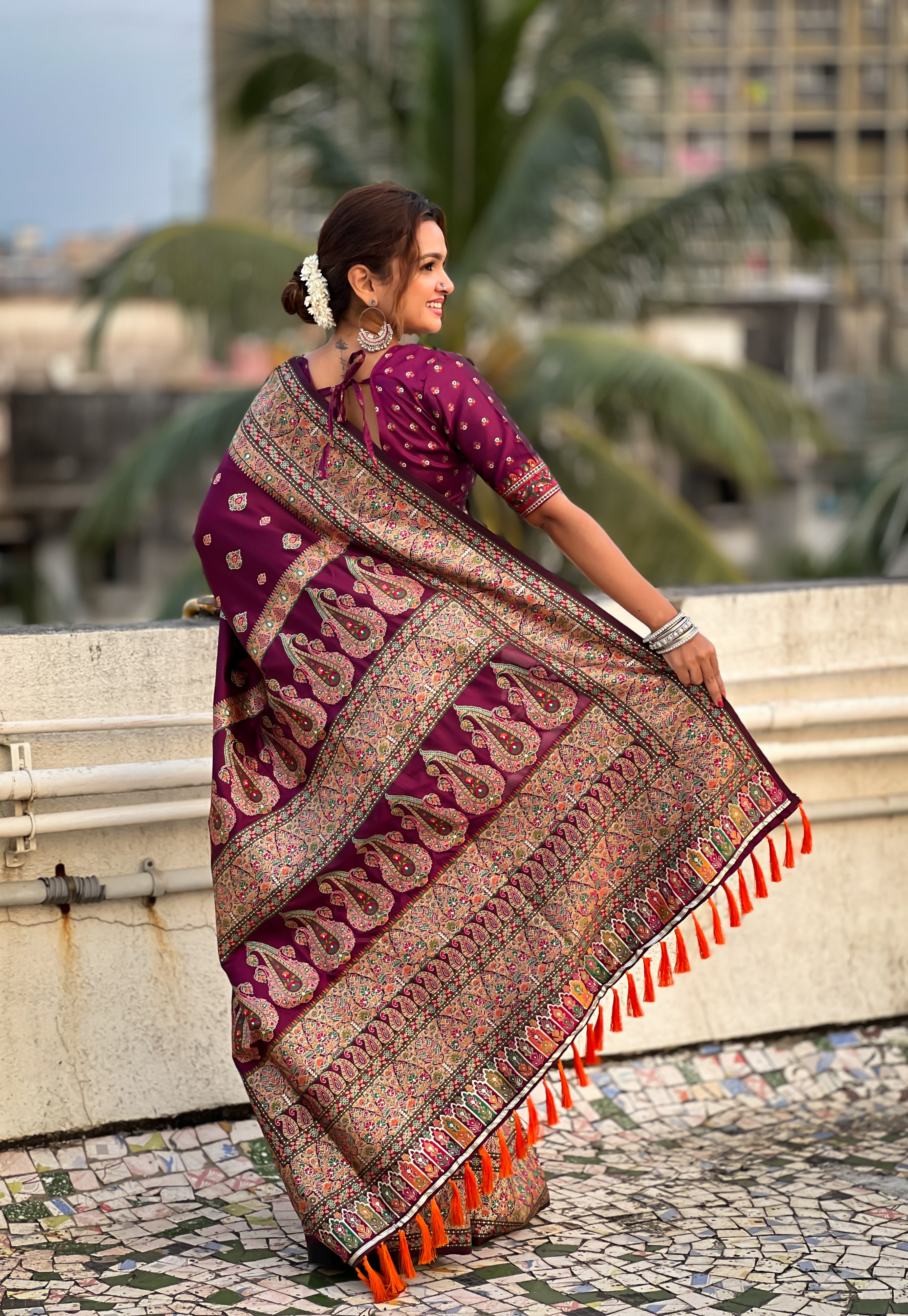Regal Wine Pashmina Kashmiri Sarees