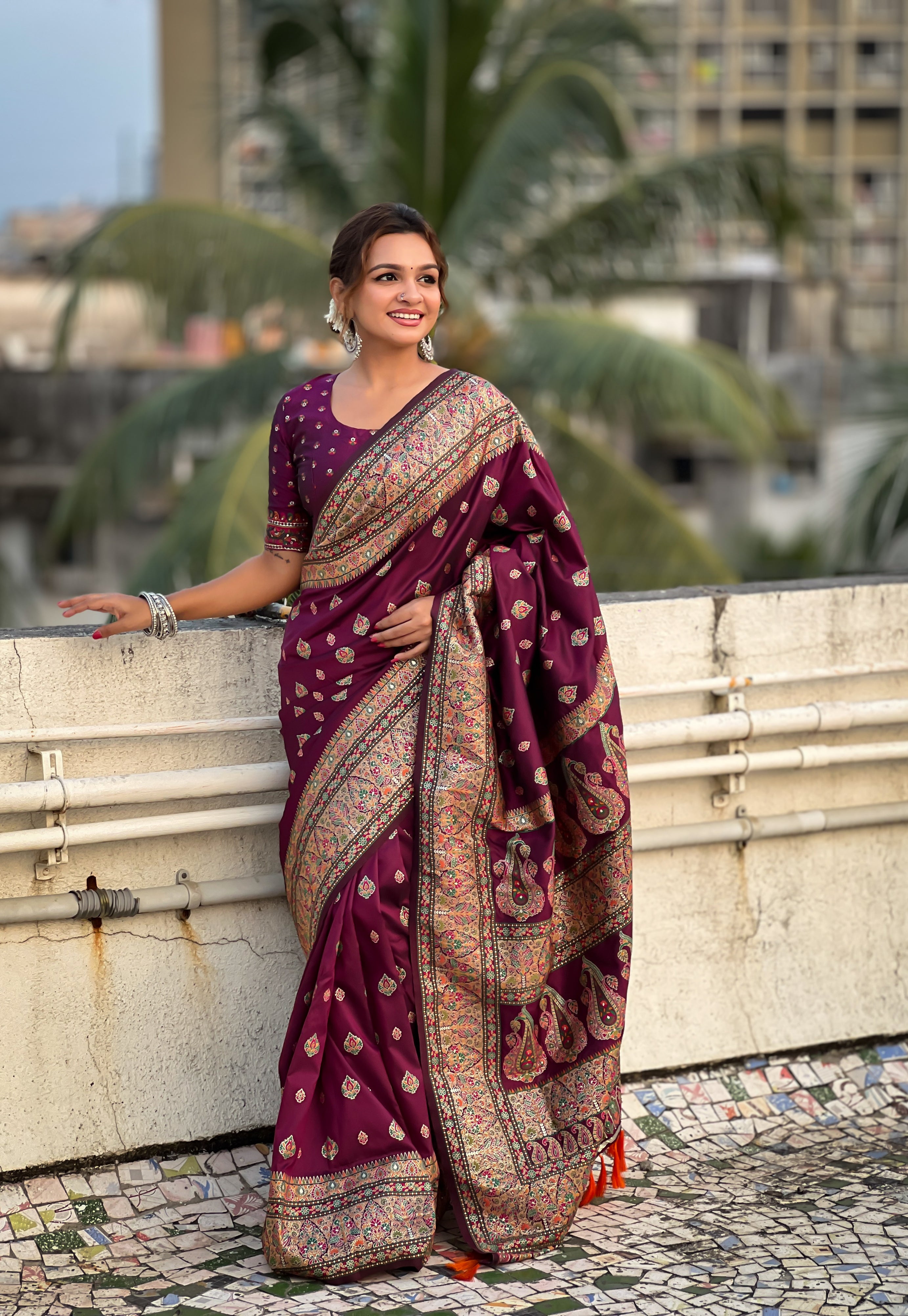 Regal Wine Pashmina Kashmiri Sarees