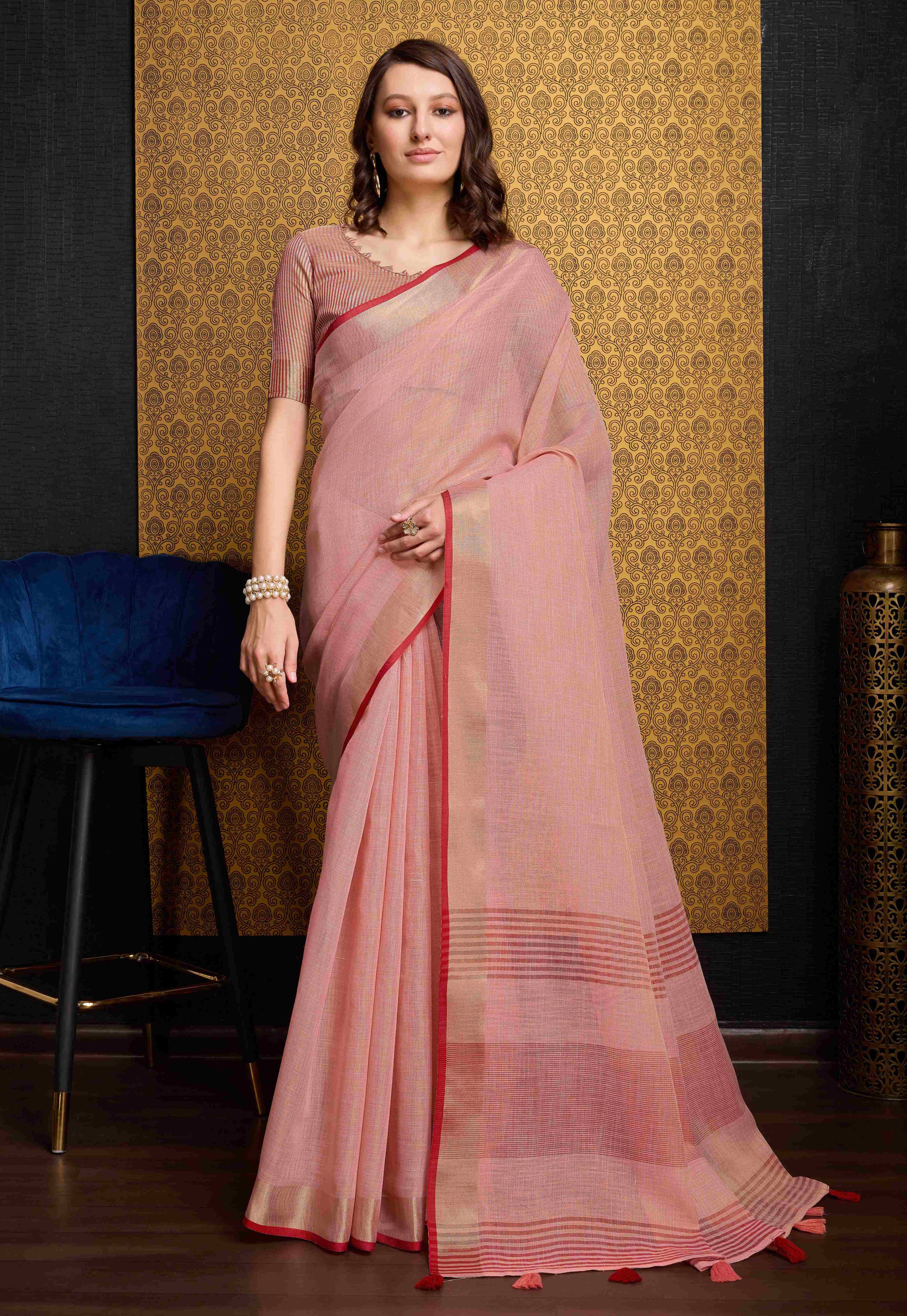 Elegant Peach Linen Saree