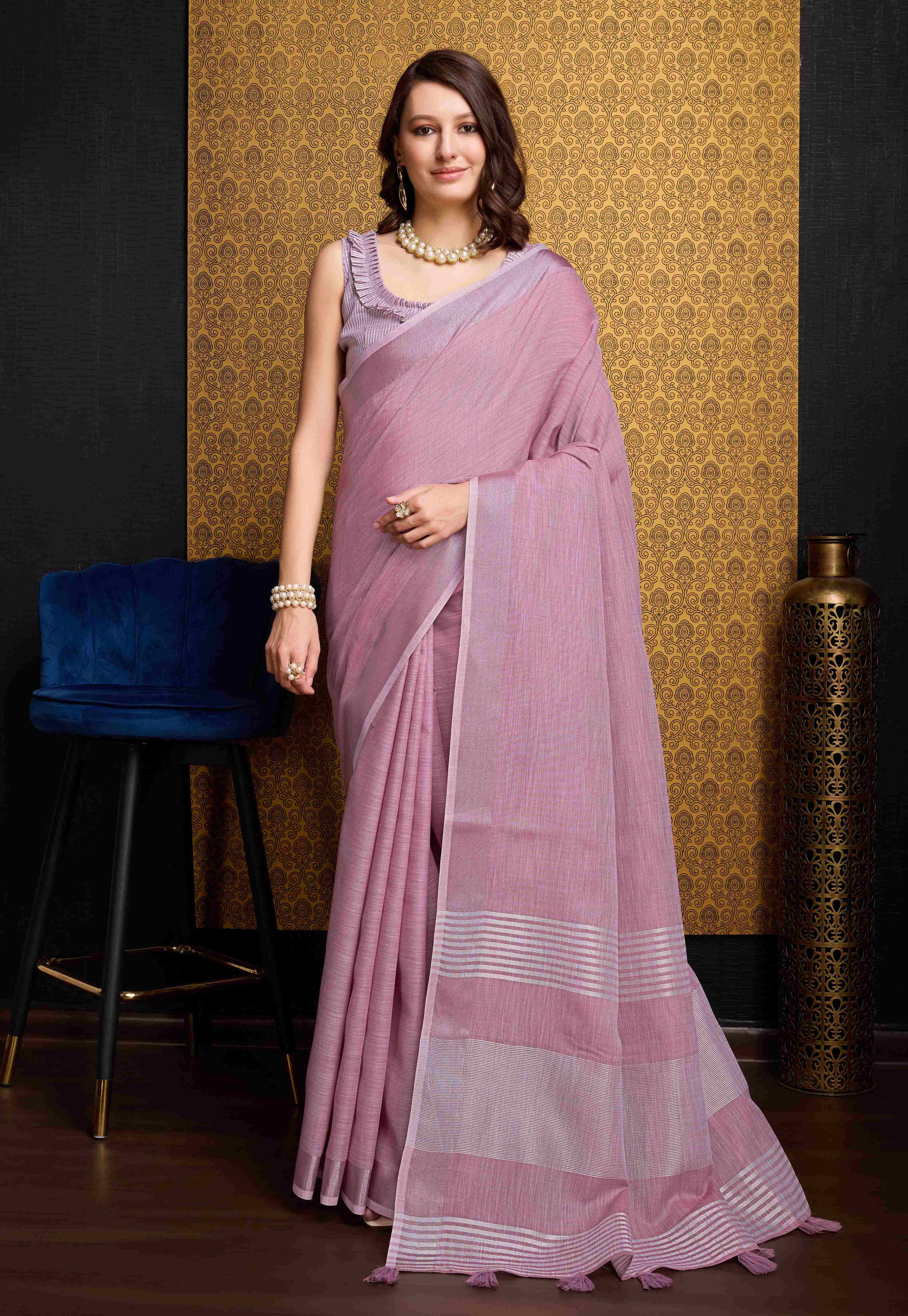 Charming Pink Linen Saree