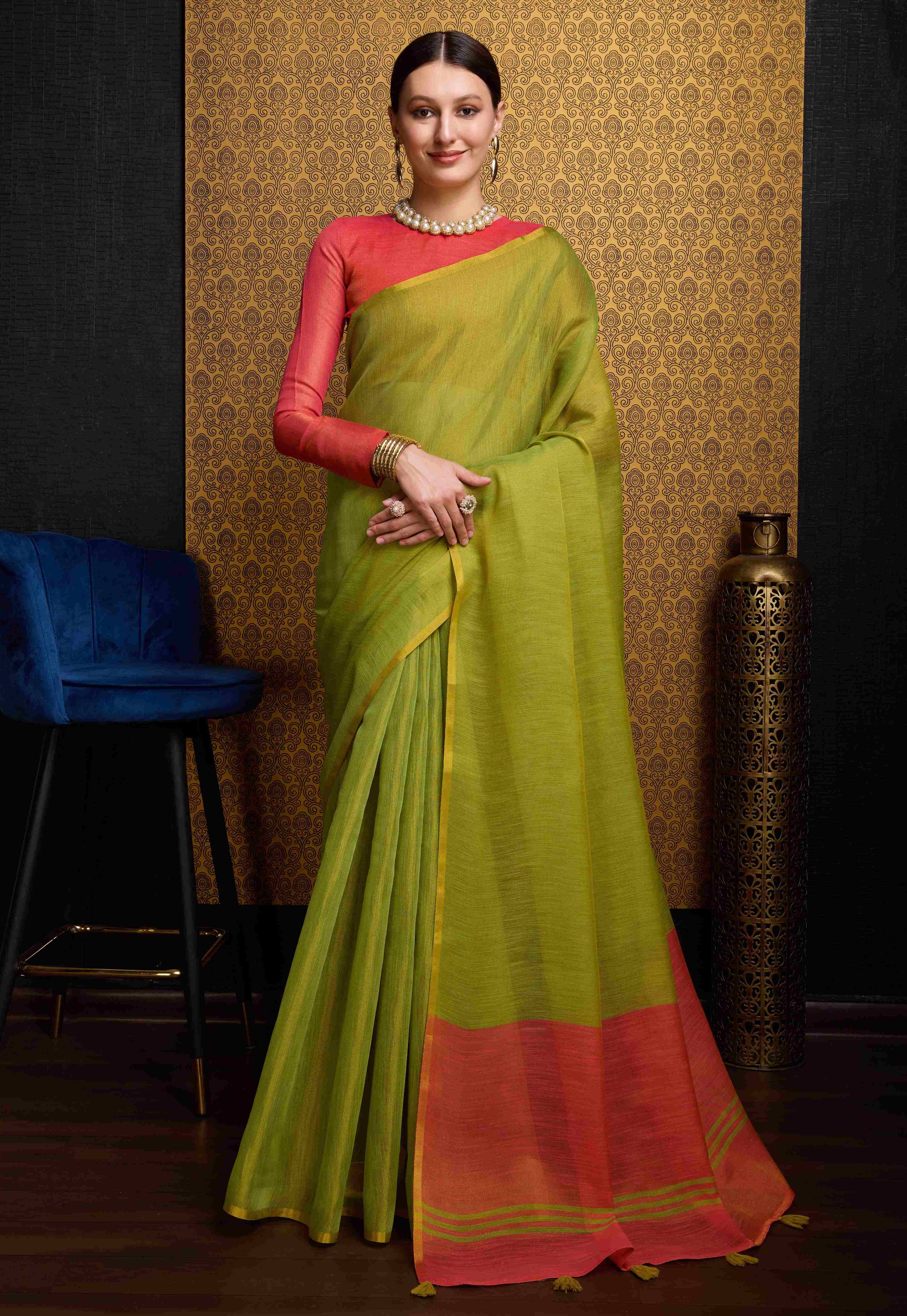 Soft Pista Green Linen Saree