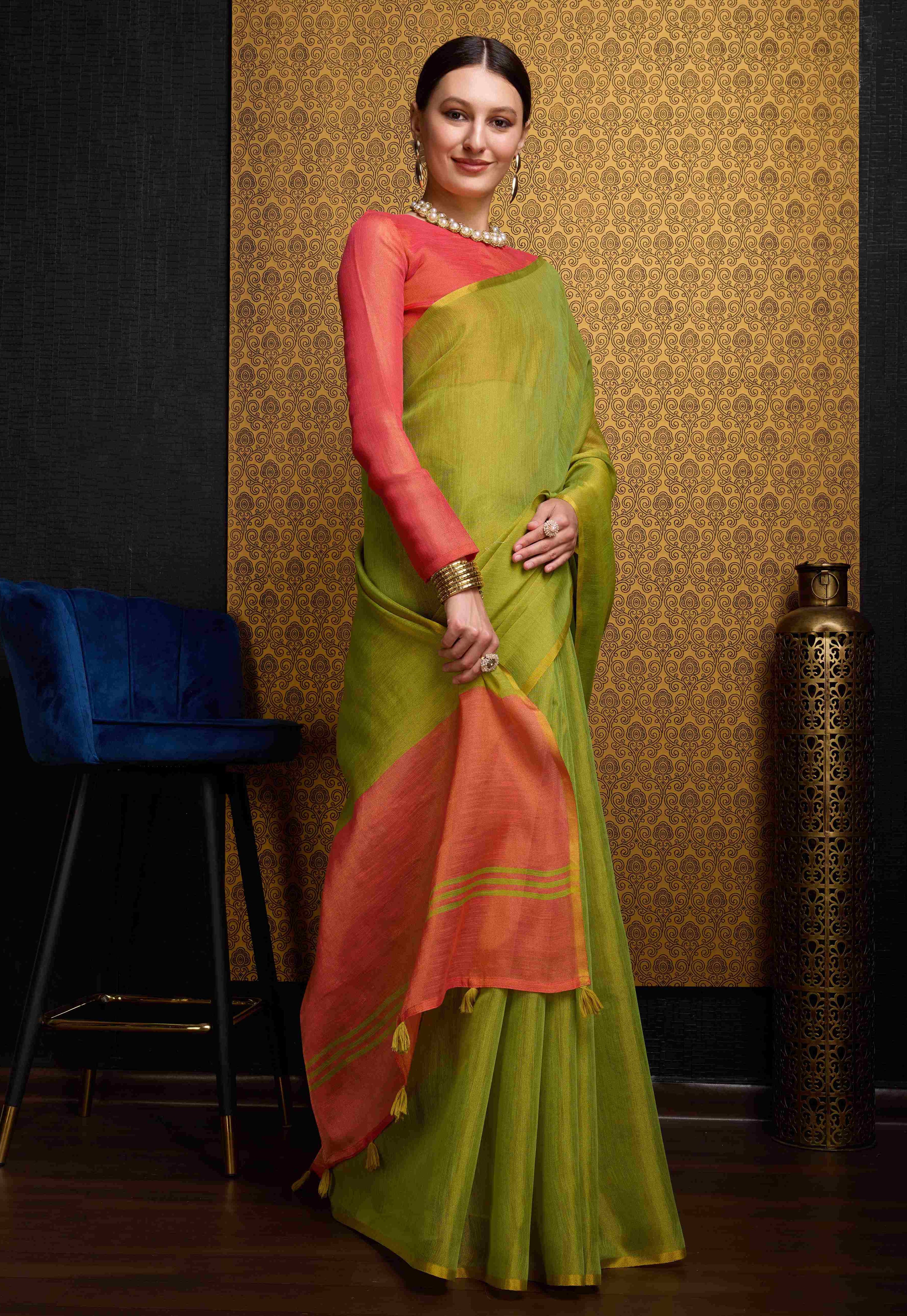 Soft Pista Green Linen Saree